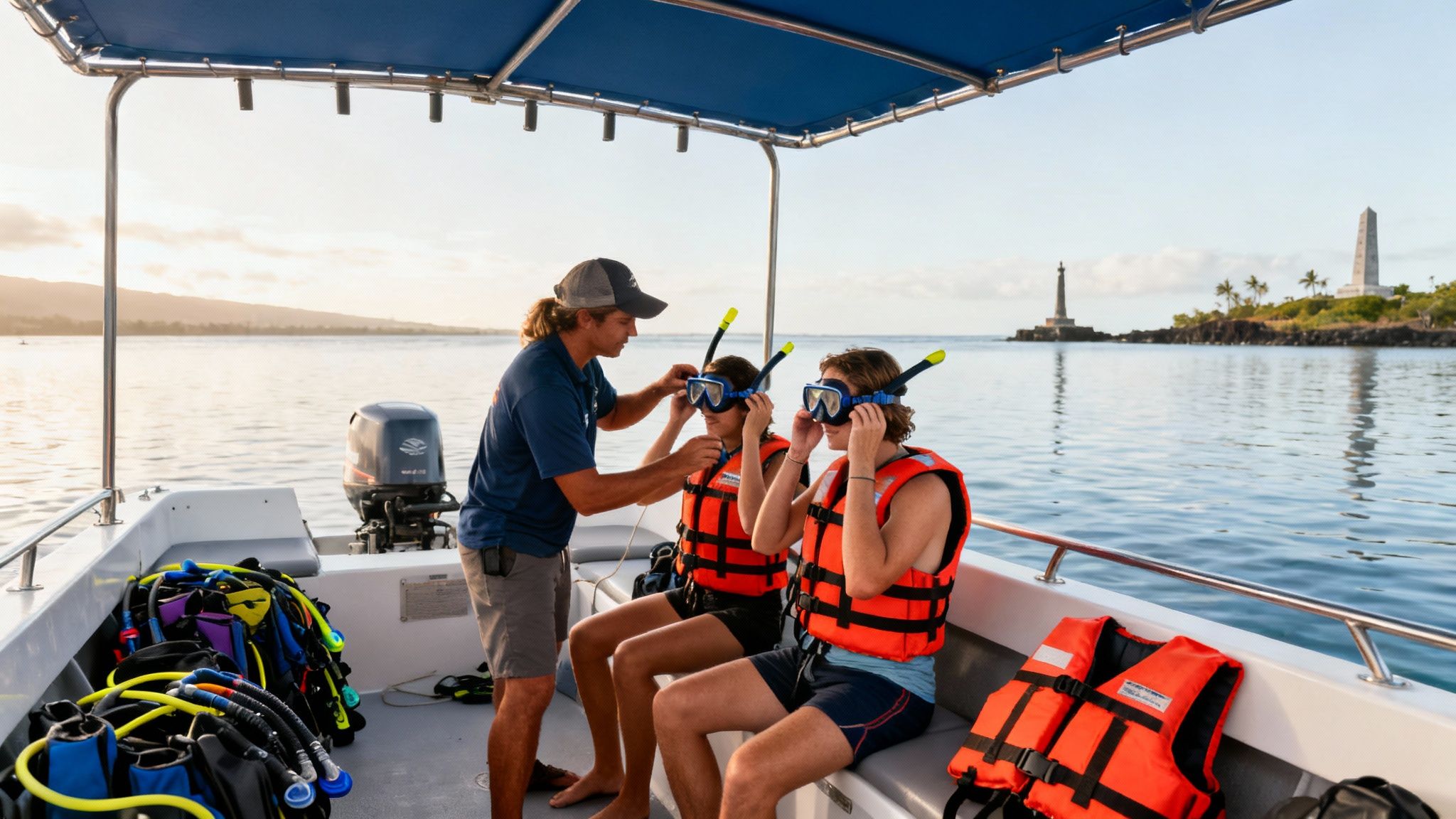 A captain helps two snorkelers put on masks and life jackets on a boat near a lighthouse.