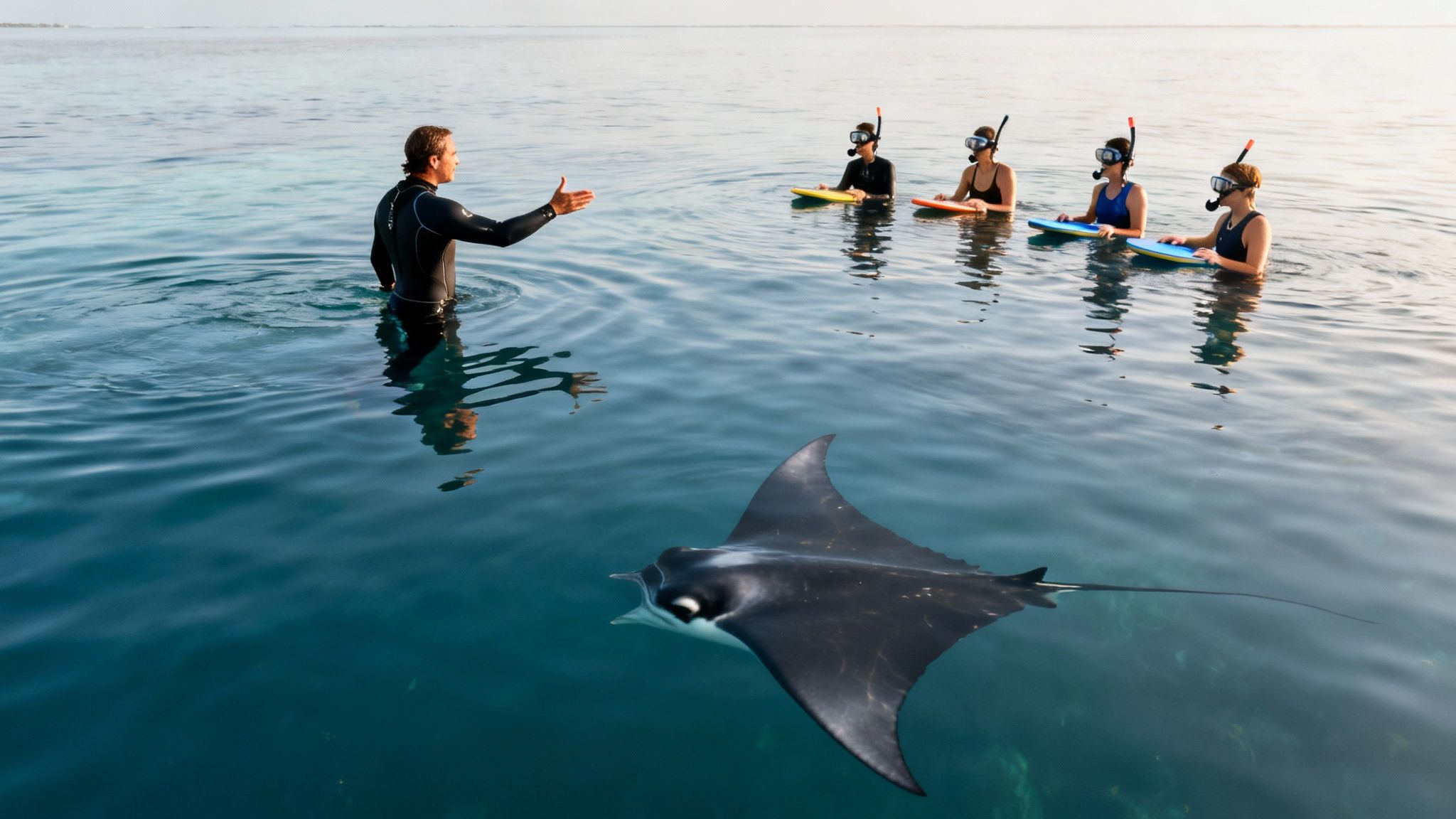 A guide in a wetsuit points to a majestic manta ray for a group of snorkelers in clear ocean water.