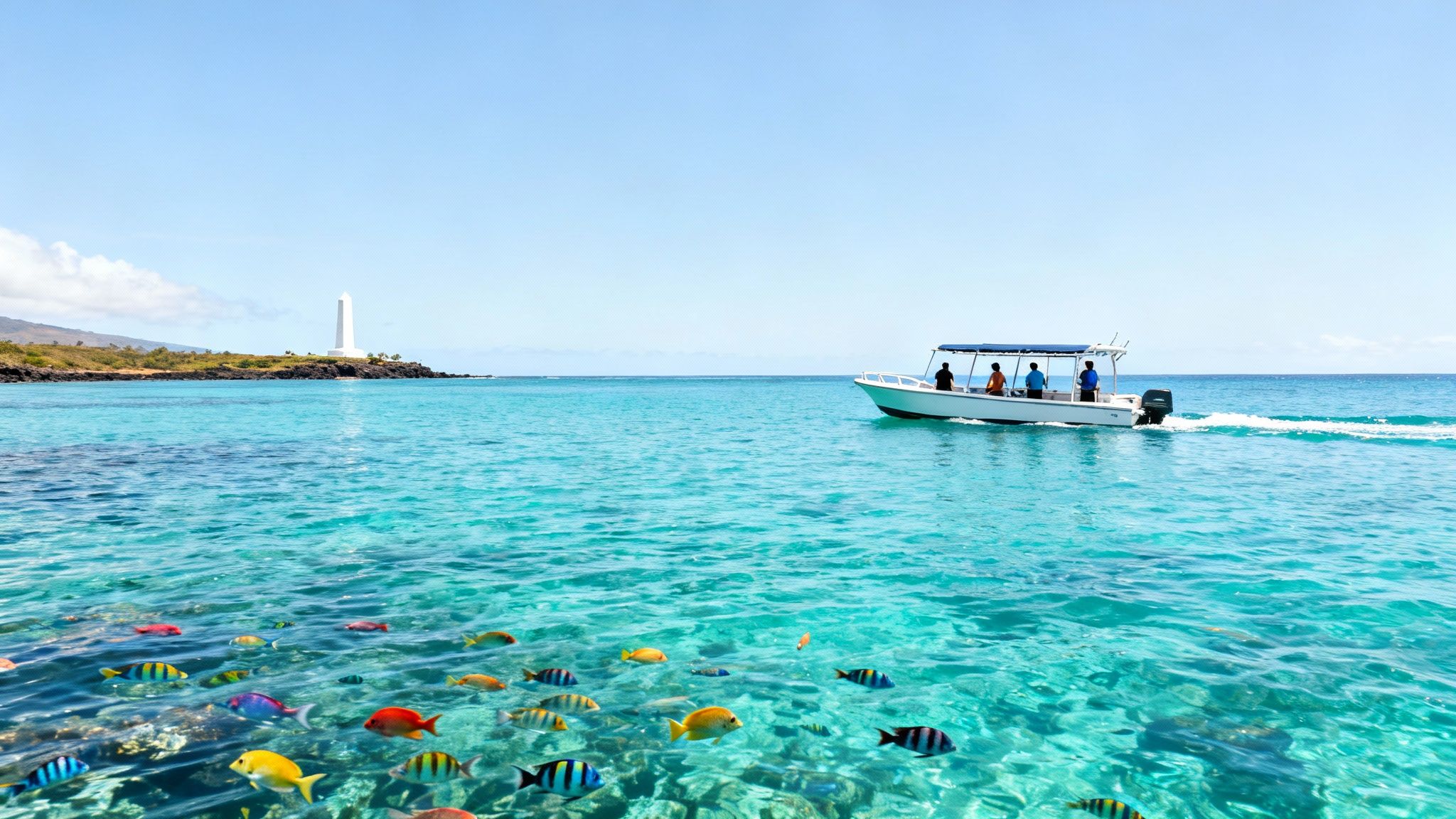 A boat with people in clear turquoise water with colorful fish and a lighthouse on the coast.