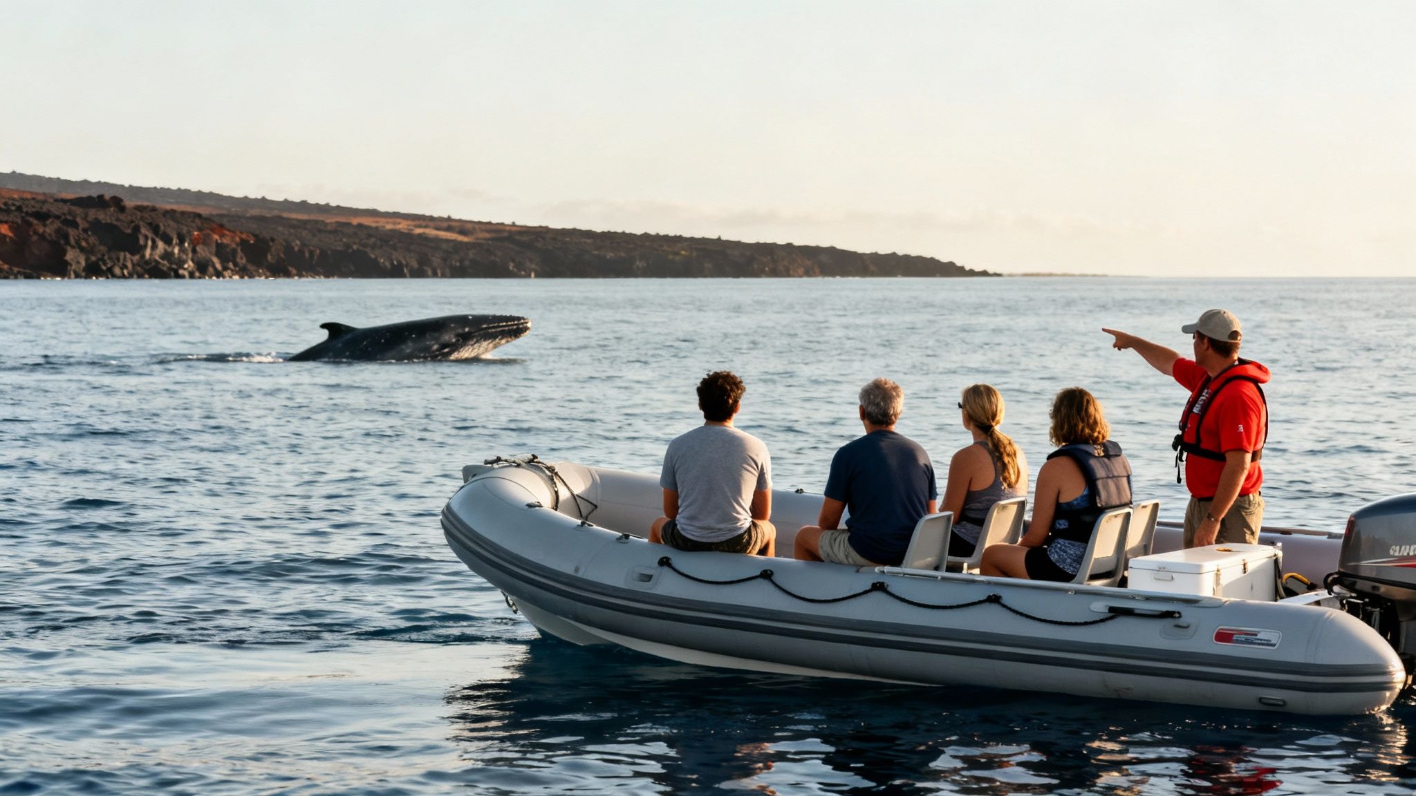 Tourists on a small boat watching a humpback whale surface near a volcanic coastline at sunset.