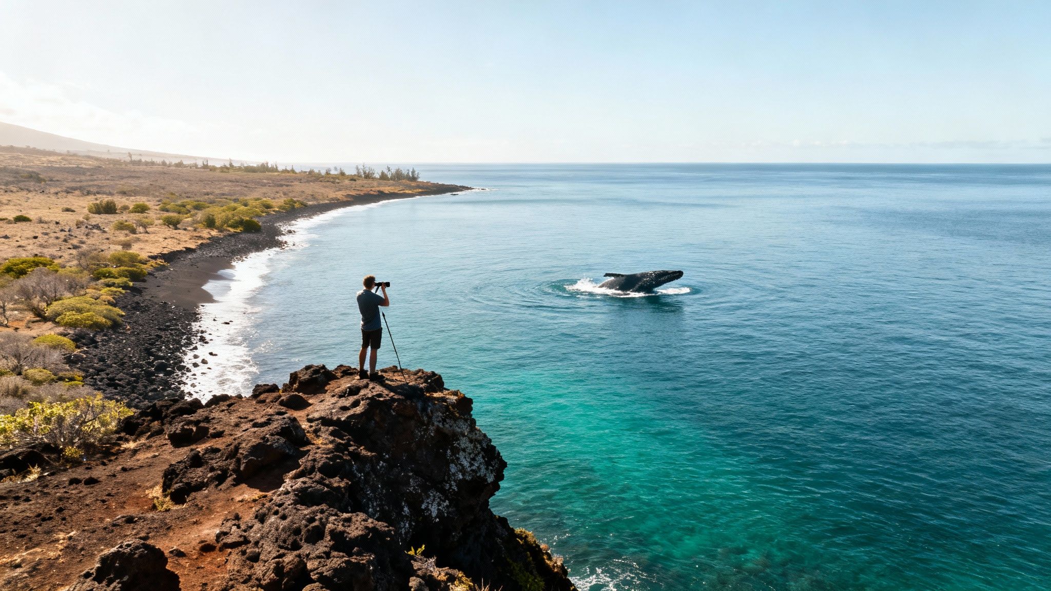A photographer on a volcanic cliff captures a whale breaching in the clear ocean next to a black sand beach.