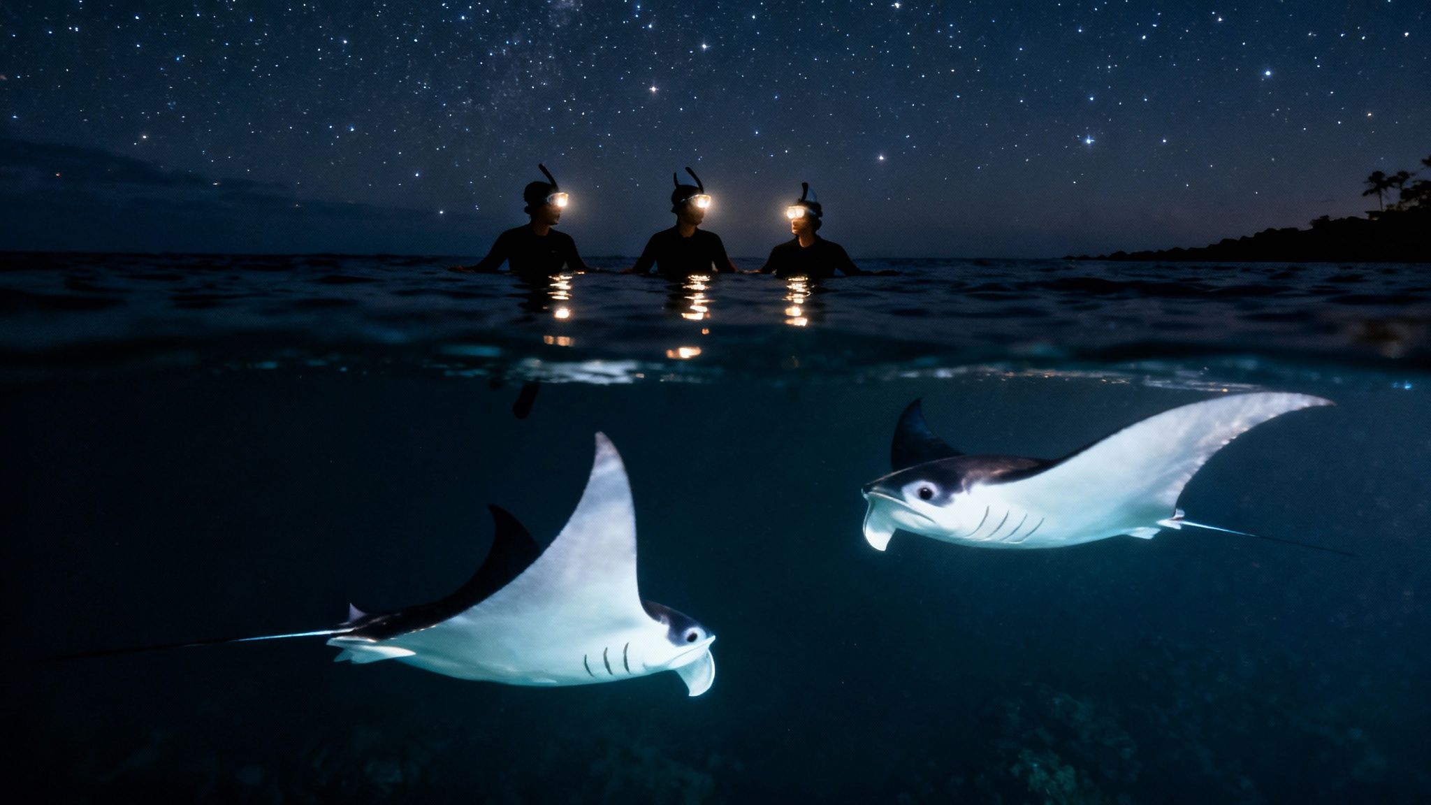 Three snorkelers with headlamps observe majestic manta rays swimming under a starry night sky.