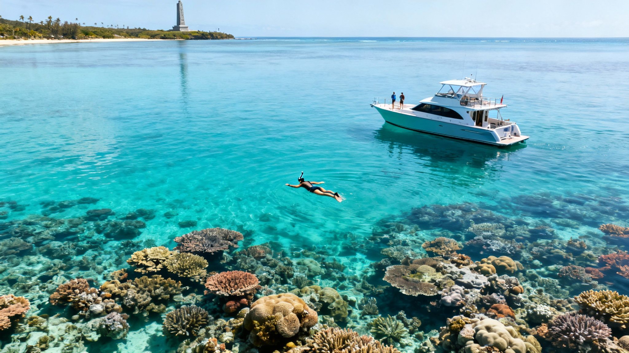 Aerial view of a person snorkeling over a vibrant coral reef next to a yacht in clear turquoise water.