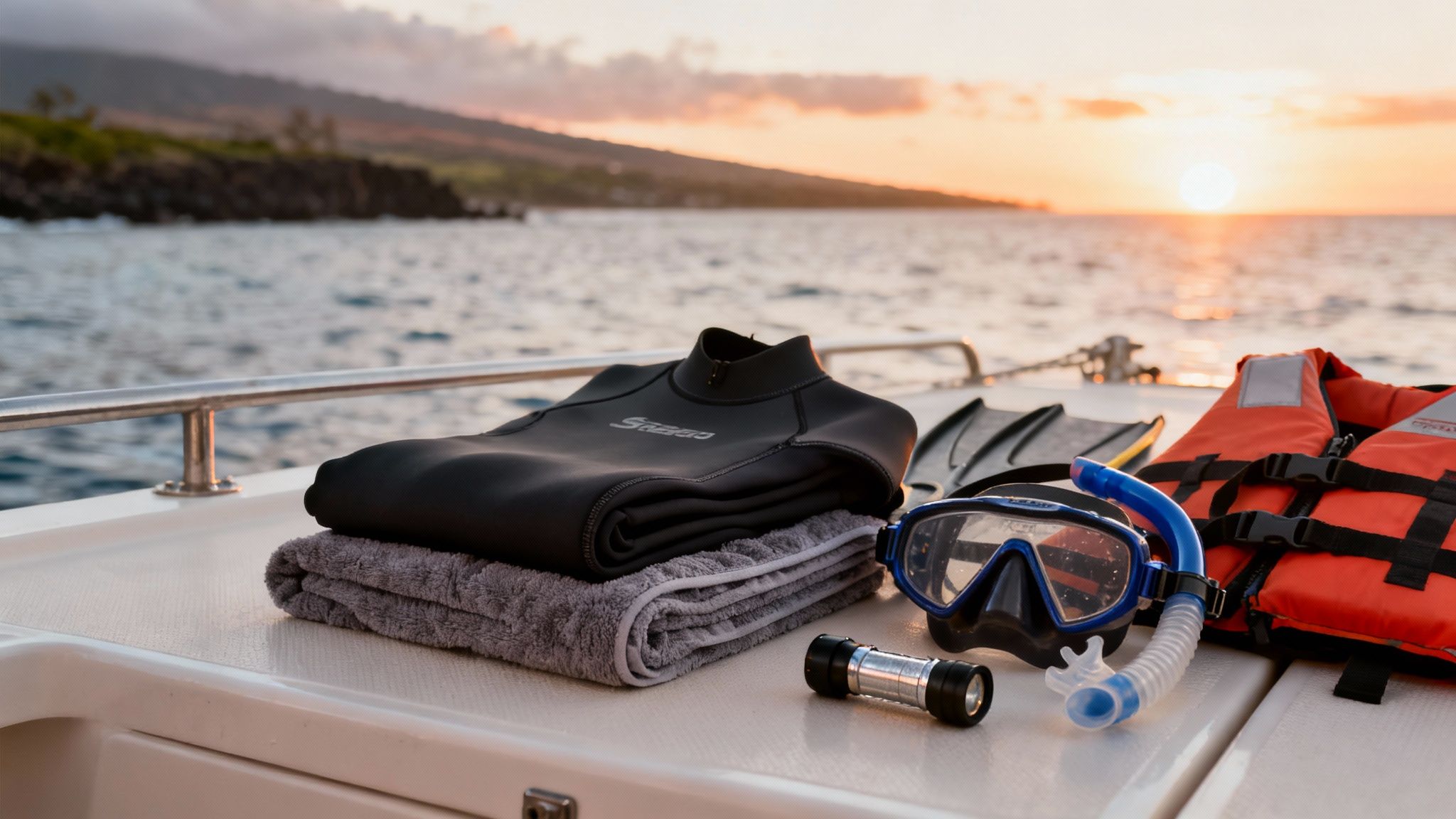 Snorkeling gear including a wetsuit, mask, snorkel, fins, and life jacket on a boat at sunset.