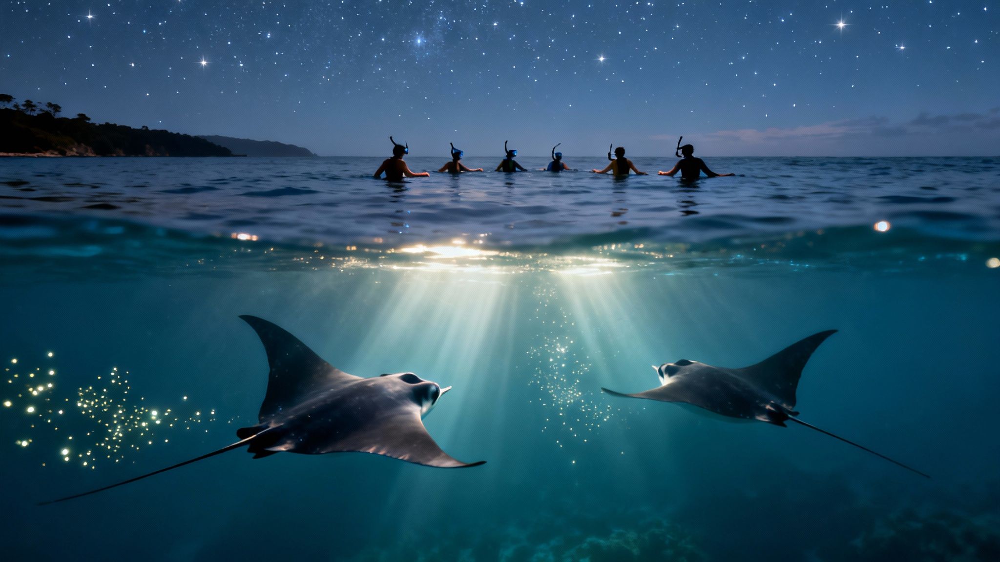 People snorkel under a starry night sky while two manta rays swim below with glowing plankton.