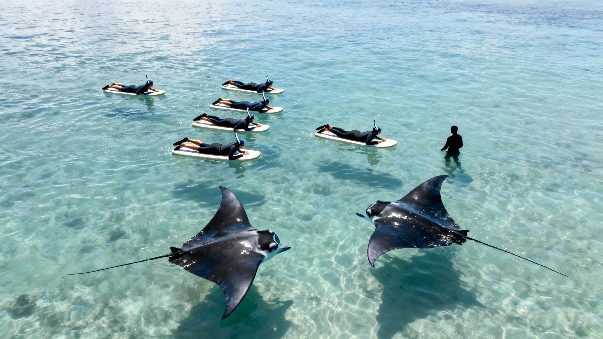 People in wetsuits on boards snorkel with two majestic manta rays in clear blue water.