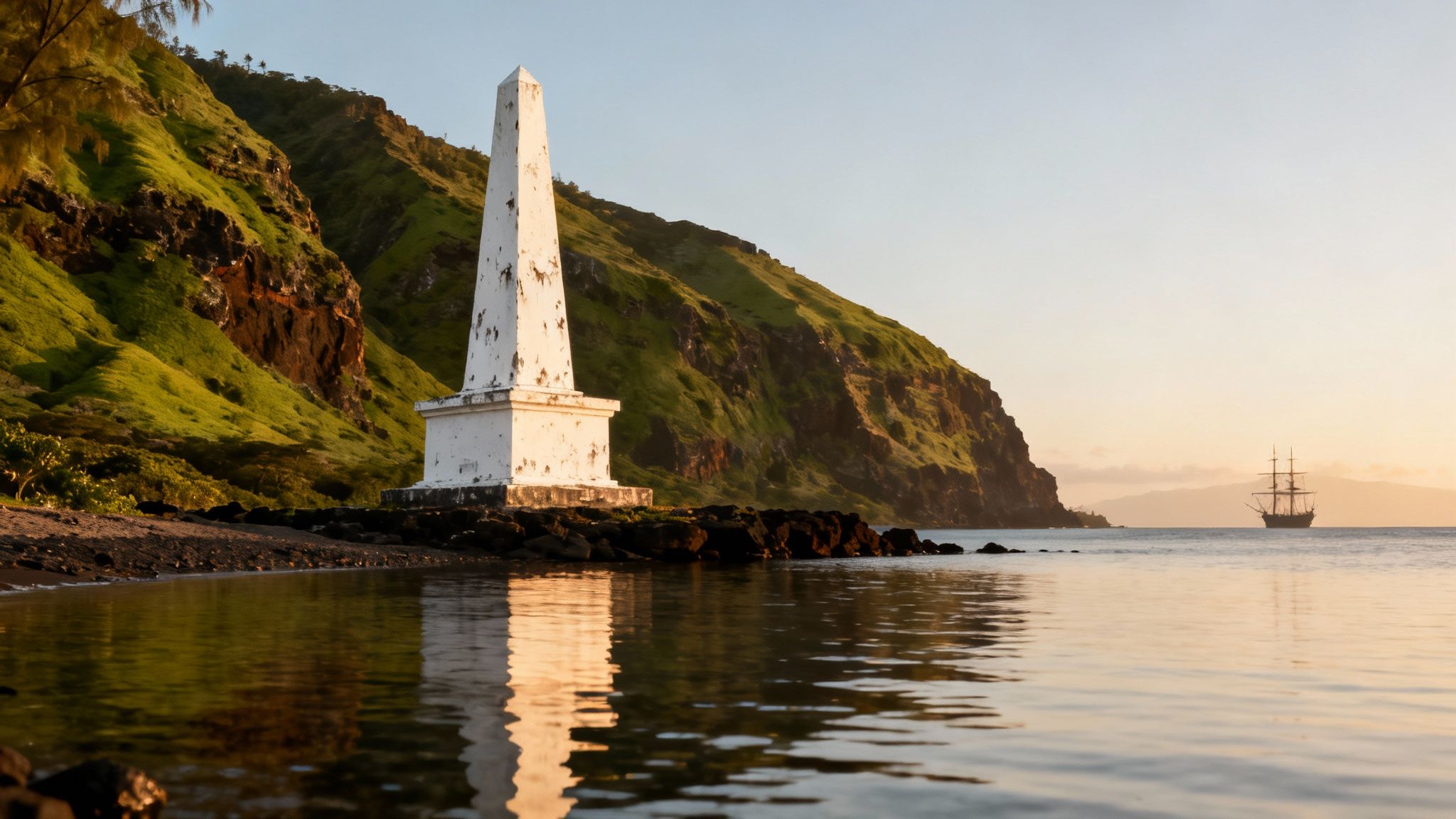 Historic white obelisk monument on a rocky coast with lush green mountains and a tall ship at sunset.