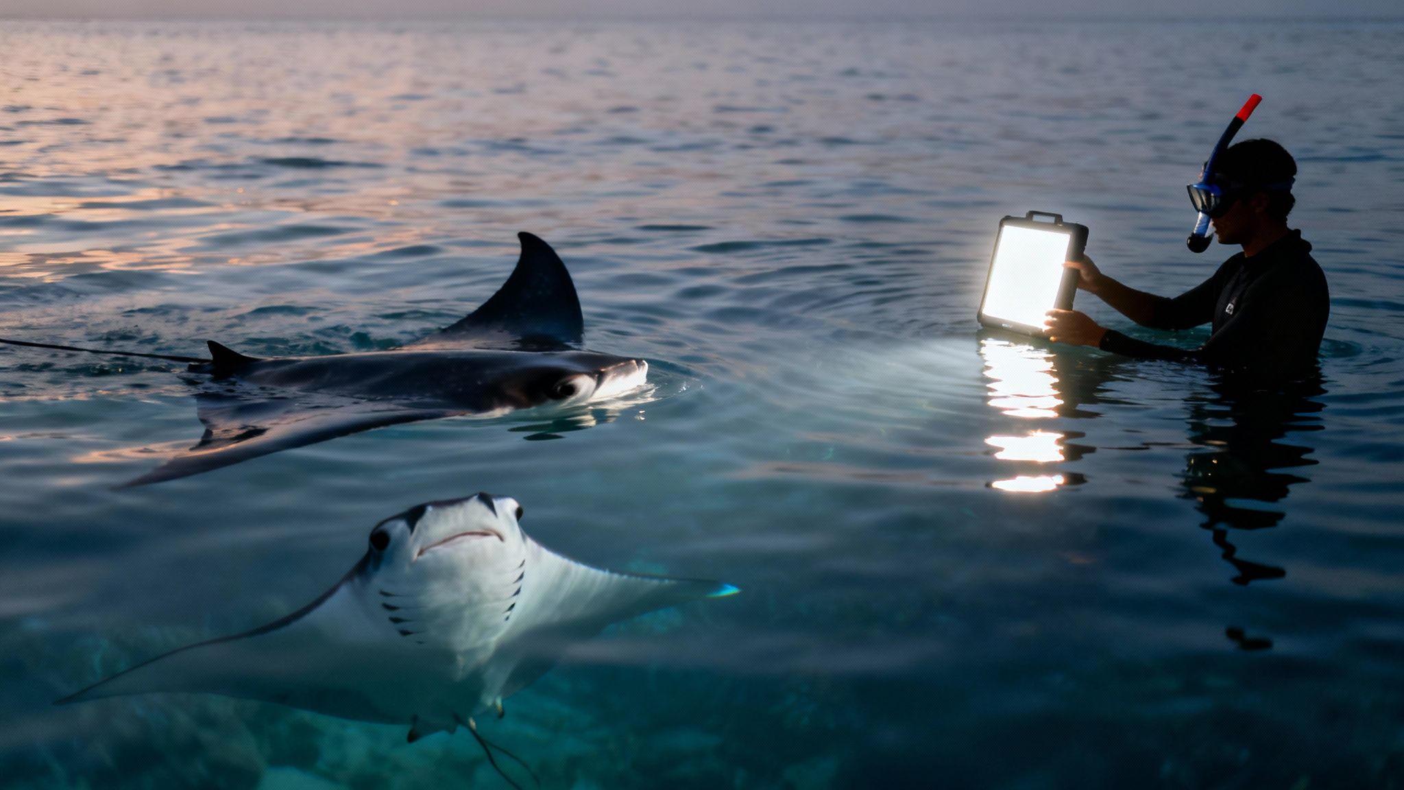 A person with a snorkel illuminates two manta rays in calm water at dusk.