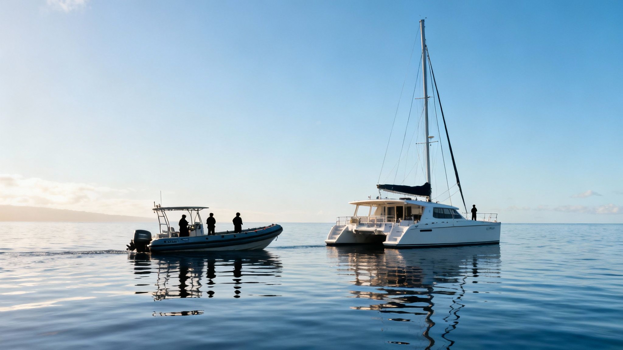A large white catamaran and a small grey rigid inflatable boat on calm ocean with people aboard.