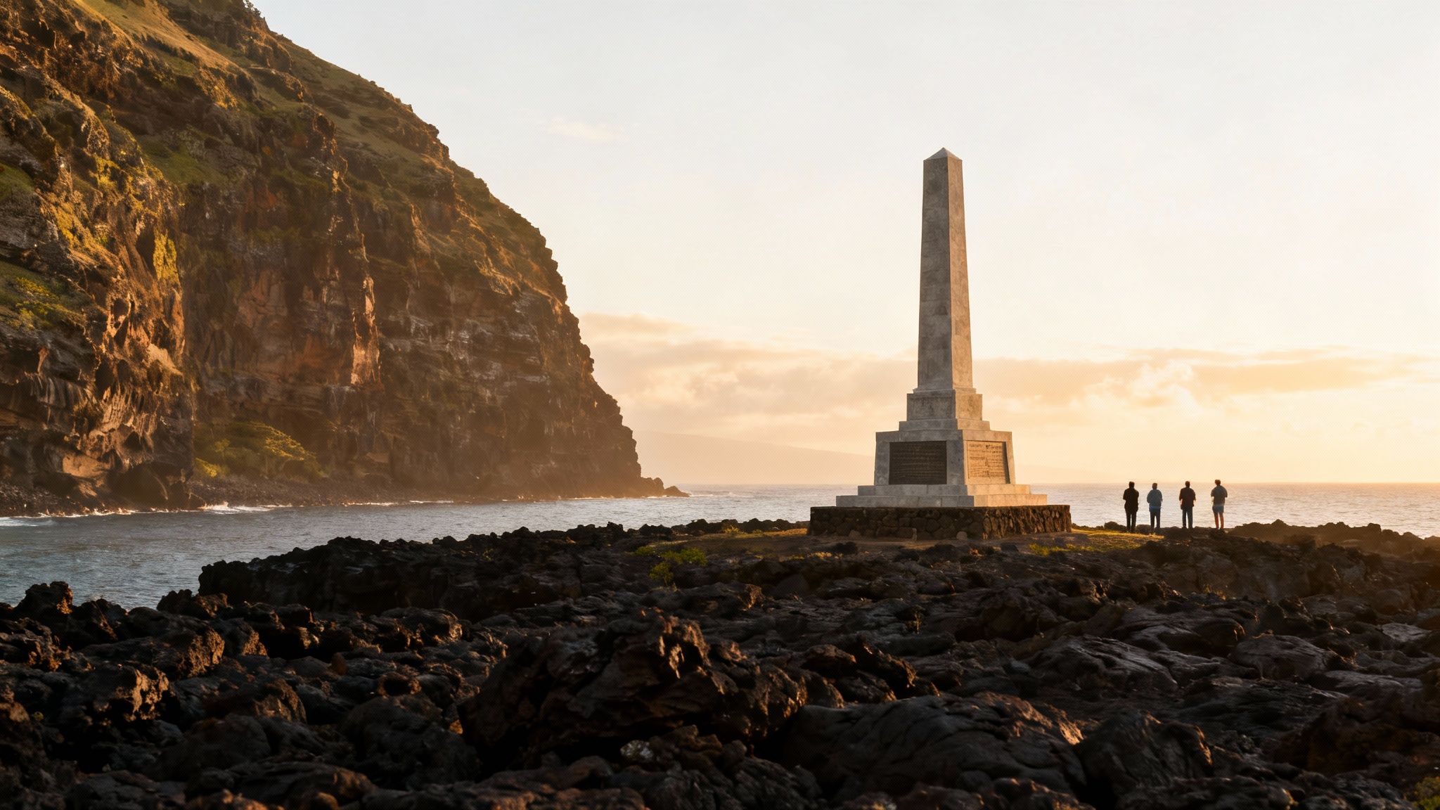 Golden sunset over the Captain Cook Monument, rocky coastline, and ocean with four people.