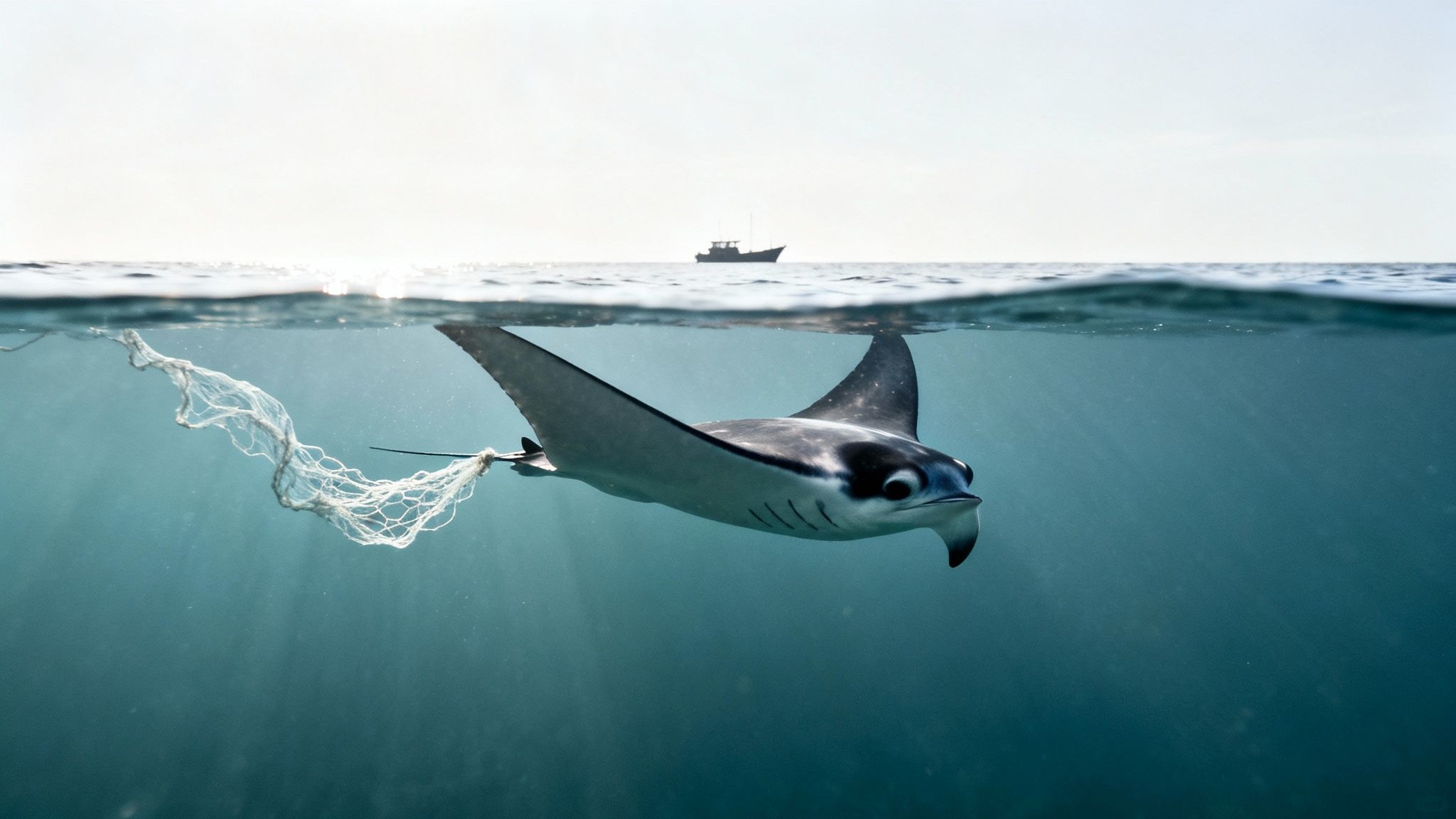 A majestic manta ray swims underwater, its tail tragically entangled in a discarded fishing net, with a boat on the horizon.