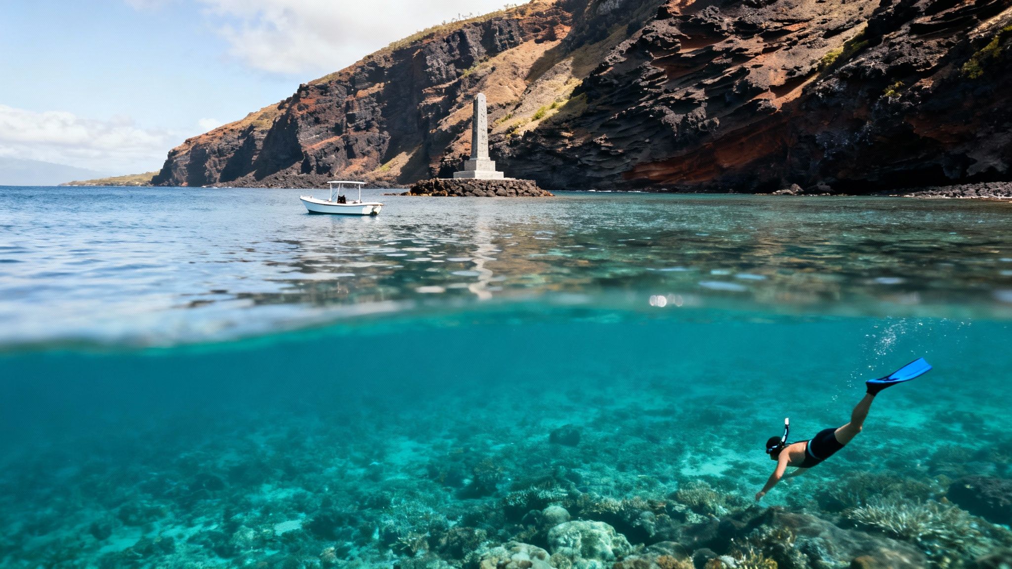 A split-level view shows a snorkeler over a coral reef and a boat near a rocky island with a monument.