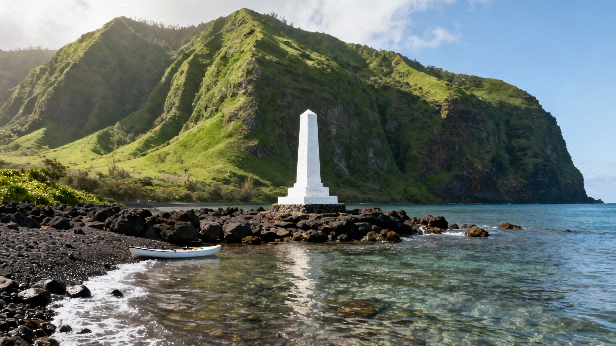 White obelisk monument on rocky Hawaiian shore with lush green mountains and clear water.