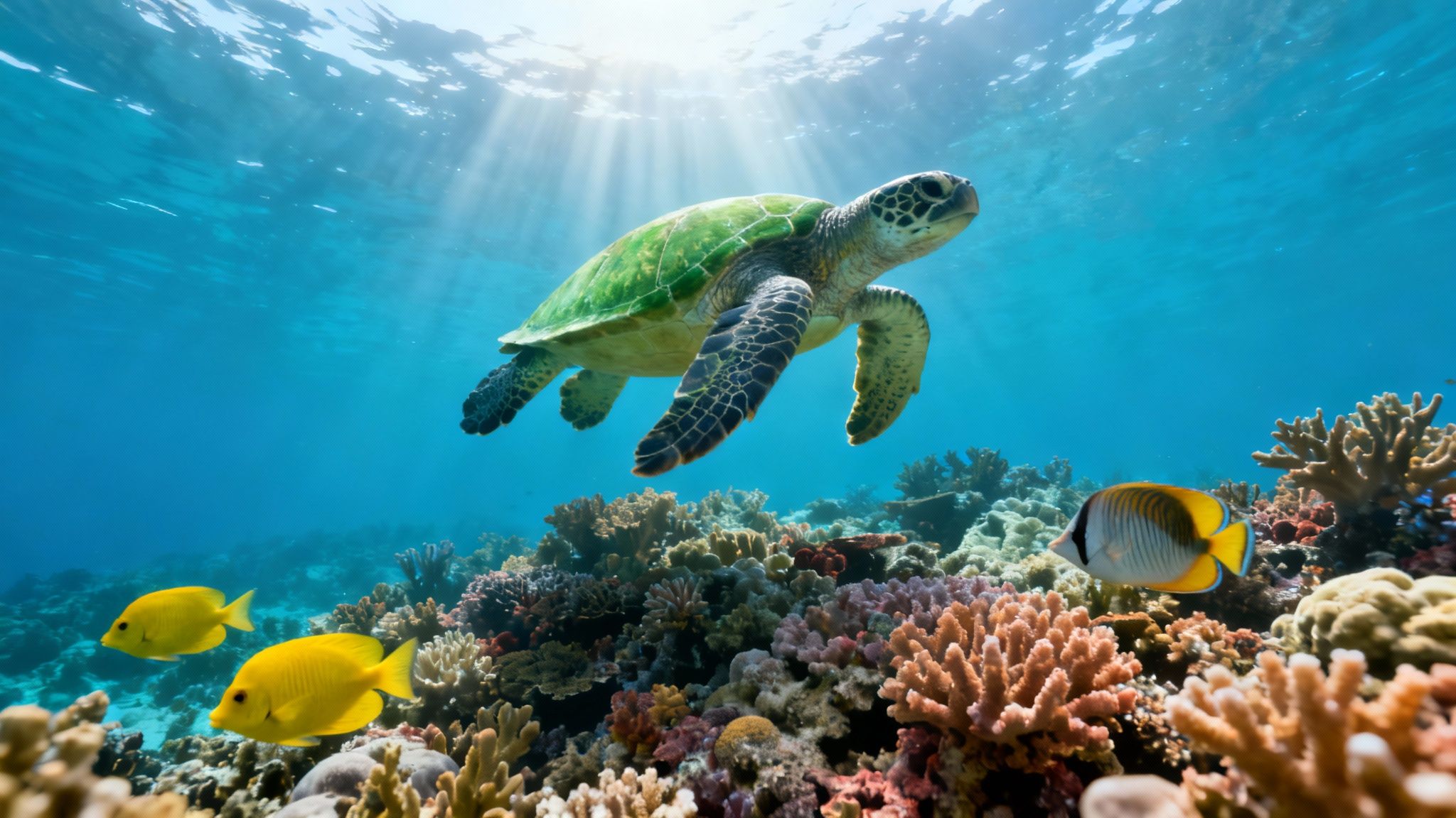 A green sea turtle swims above a vibrant coral reef with colorful fish in clear blue water.