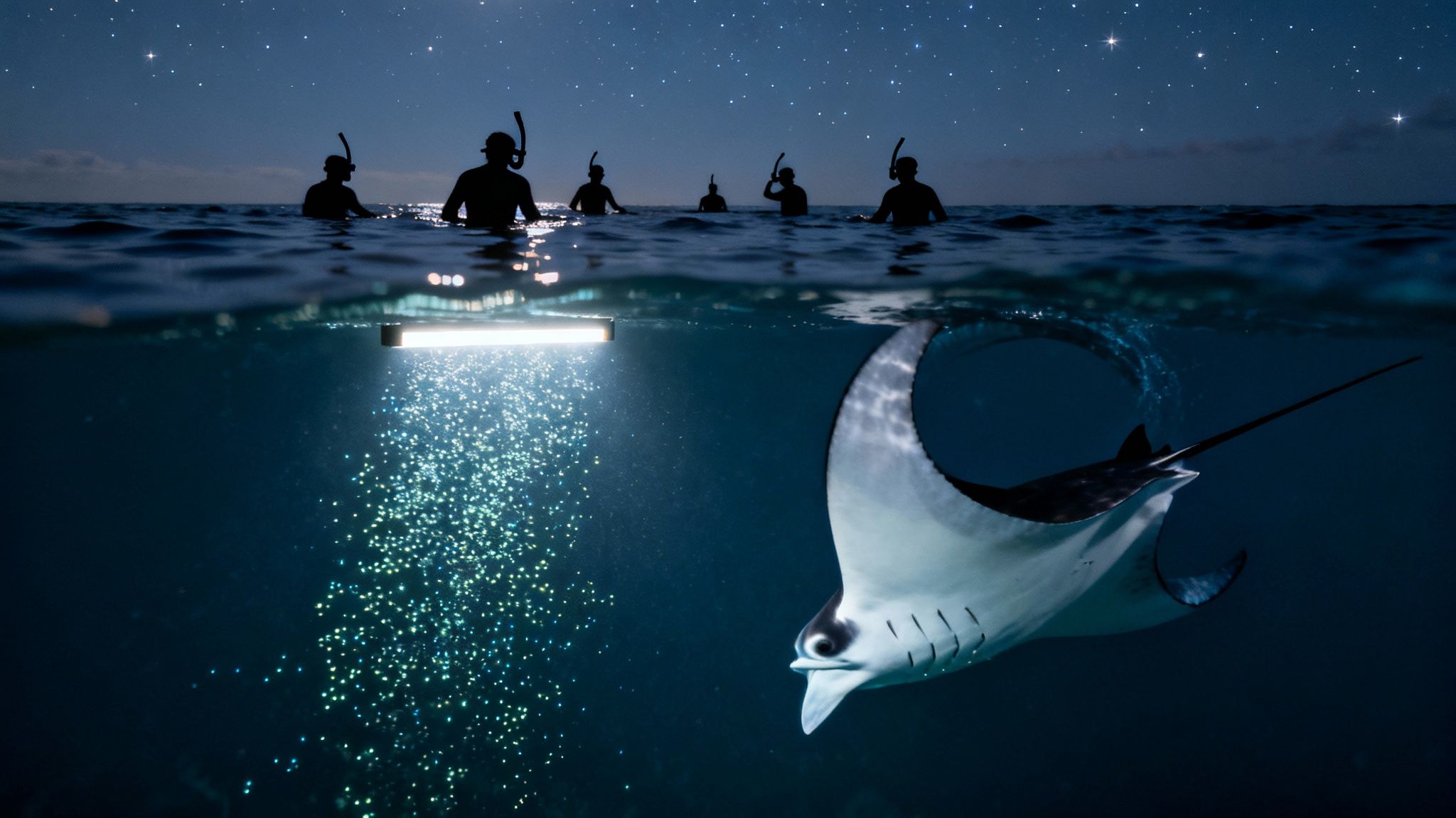 Manta ray and snorkelers at night under a starry sky, illuminated by underwater light.