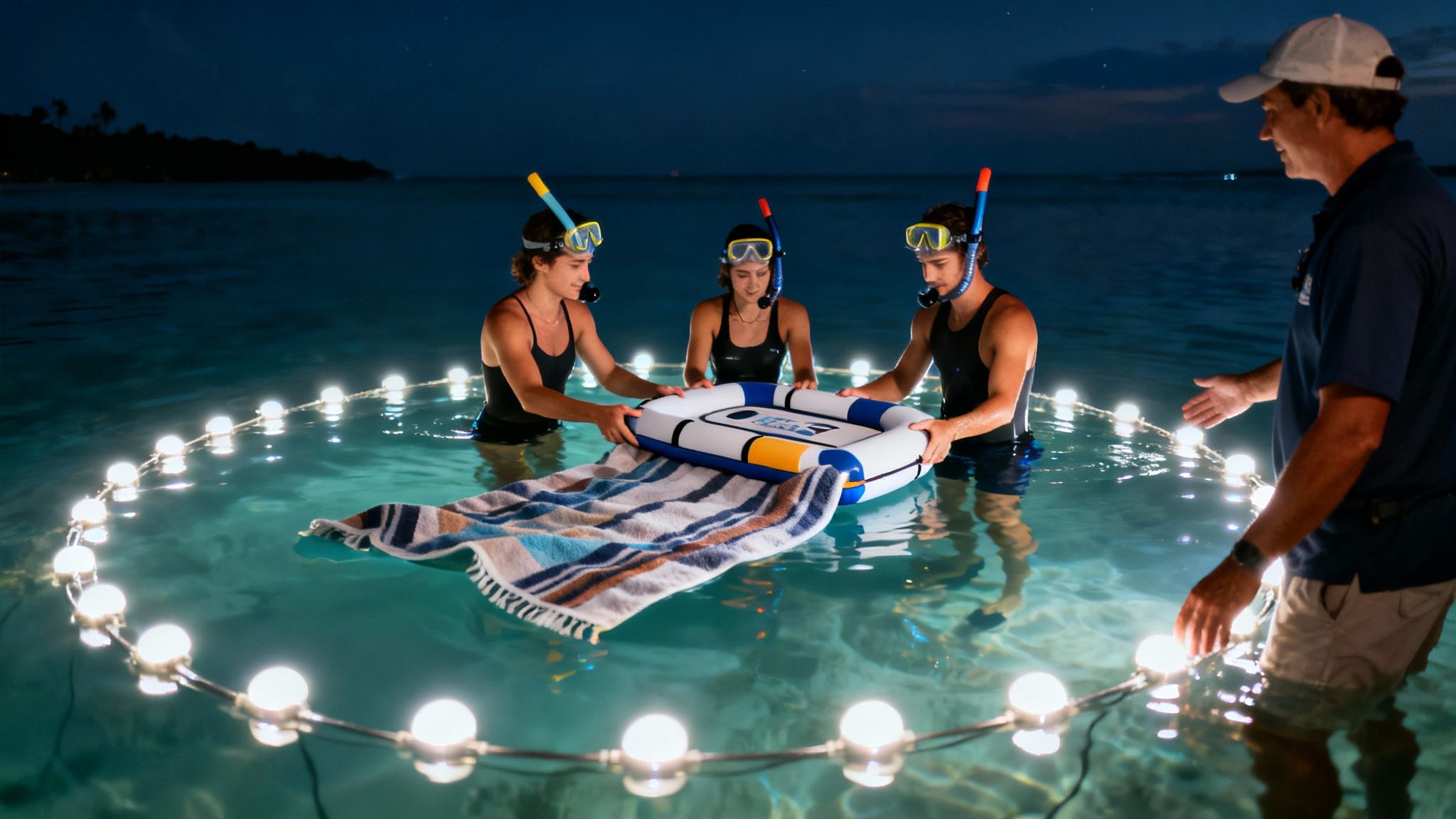 Three snorkelers and a guide arrange a lighted floating raft in the ocean at night.