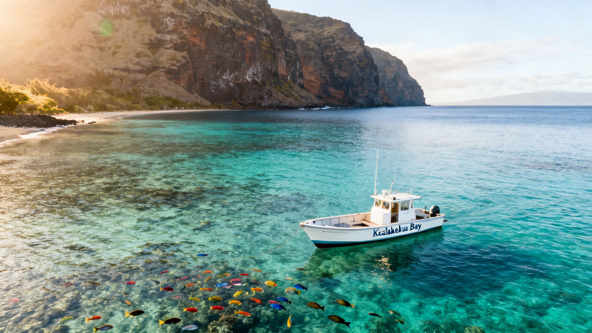 Beautiful aerial view of a white boat and colorful fish in clear turquoise water by a beach and cliffs.