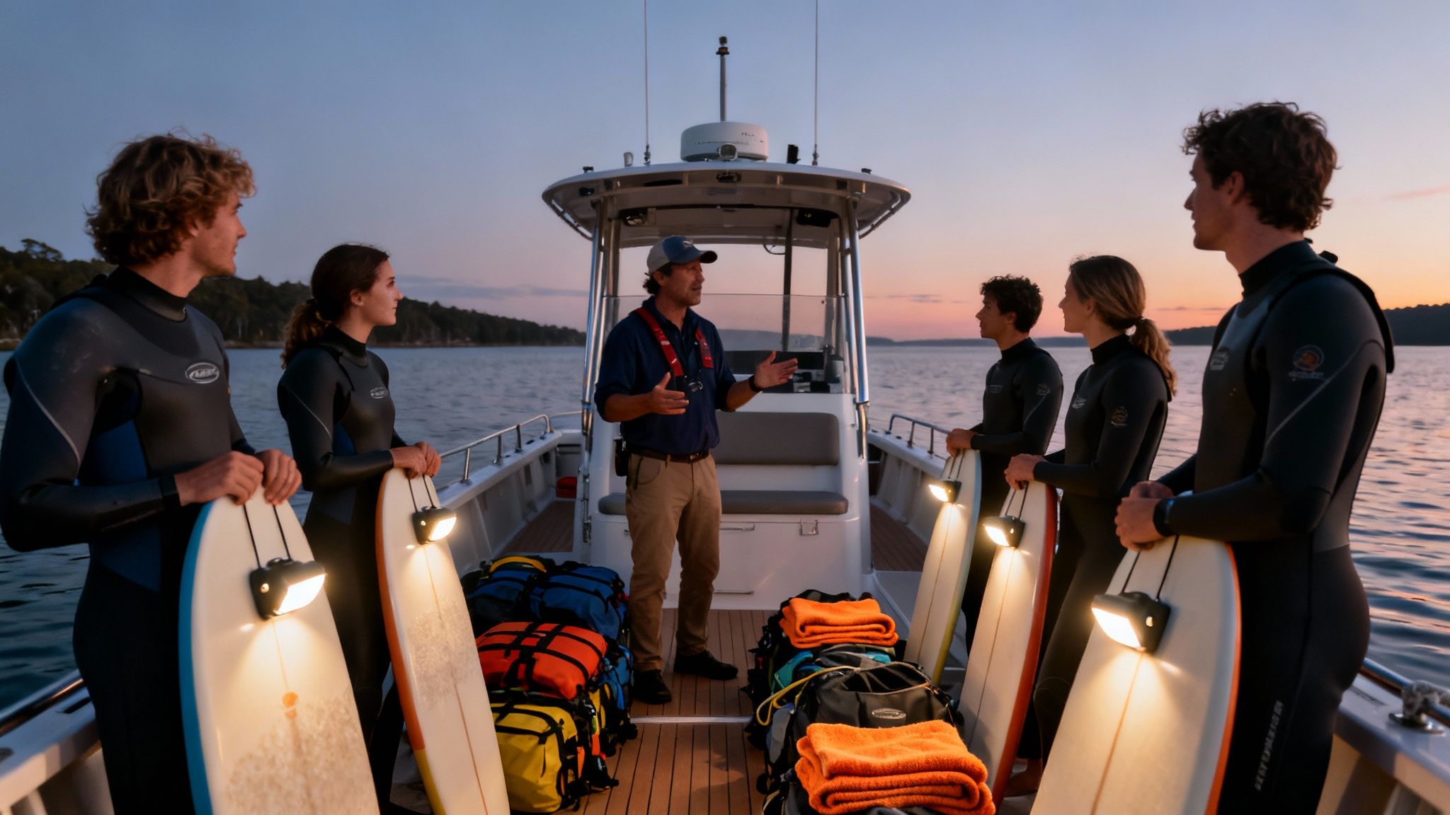 A boat captain briefs five young people in wetsuits holding illuminated surfboards on a boat at dusk.