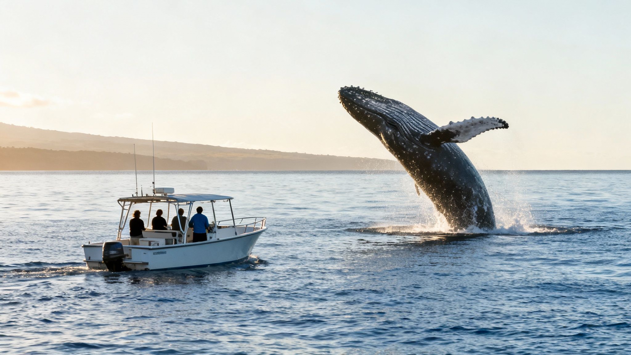 A humpback whale breaches high out of the ocean next to a small whale-watching boat at sunset.