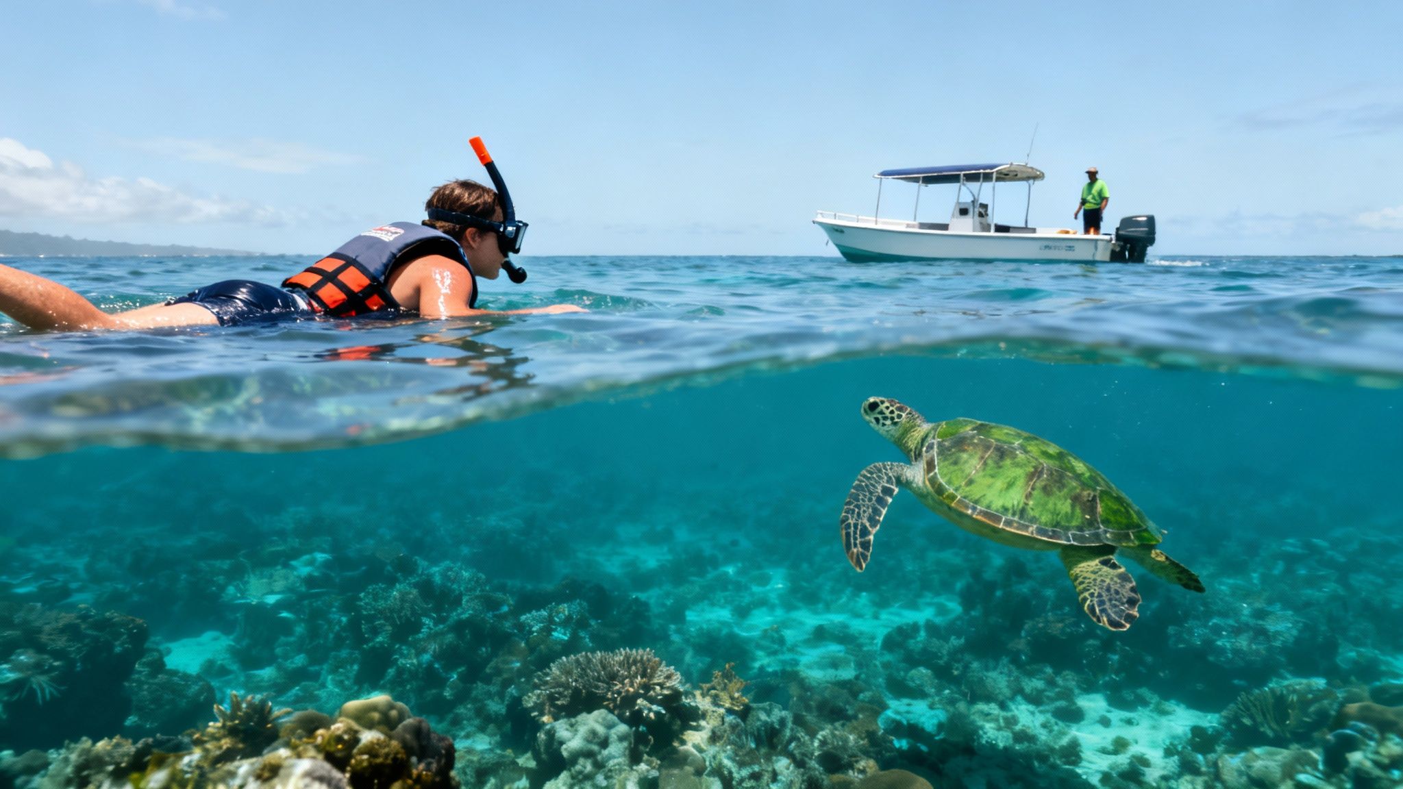 Split view of a person snorkeling above water and a green sea turtle swimming over coral below.