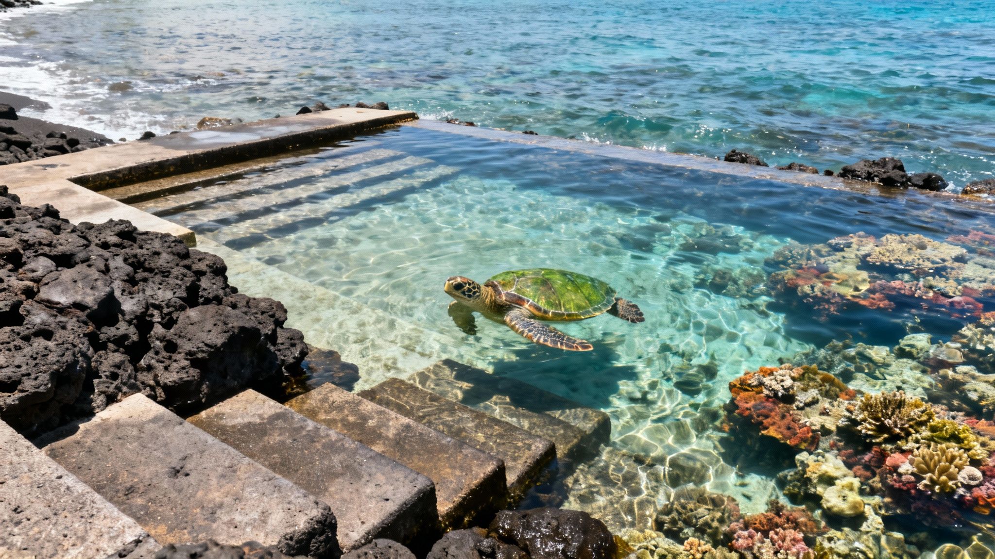 Two snorkelers swimming in the clear blue water of Honaunau Bay (Two Step) on the Big Island, with lava rock formations visible along the shoreline.