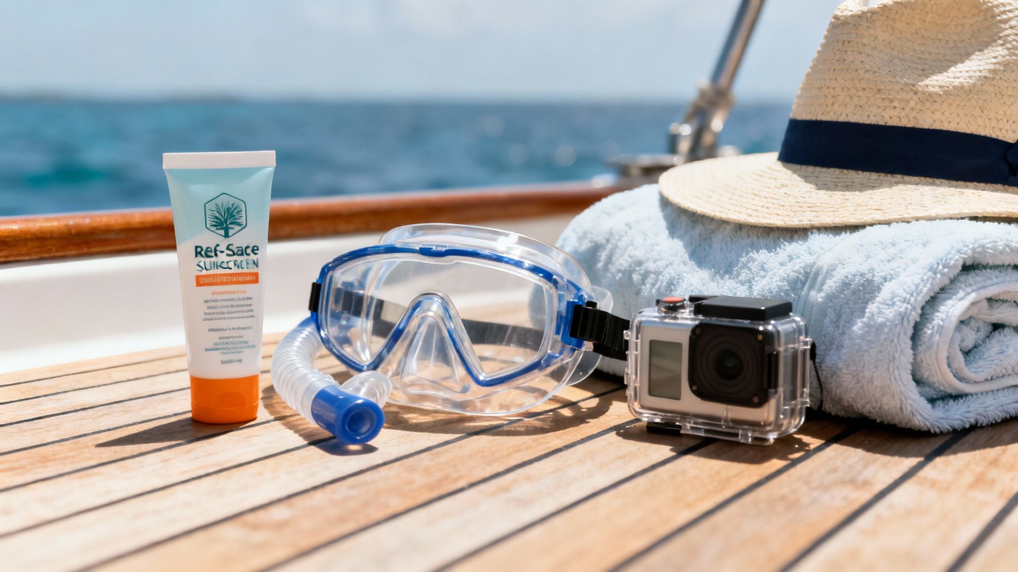 Snorkeling mask, snorkel, sunscreen, GoPro, towel, and straw hat on a boat deck.