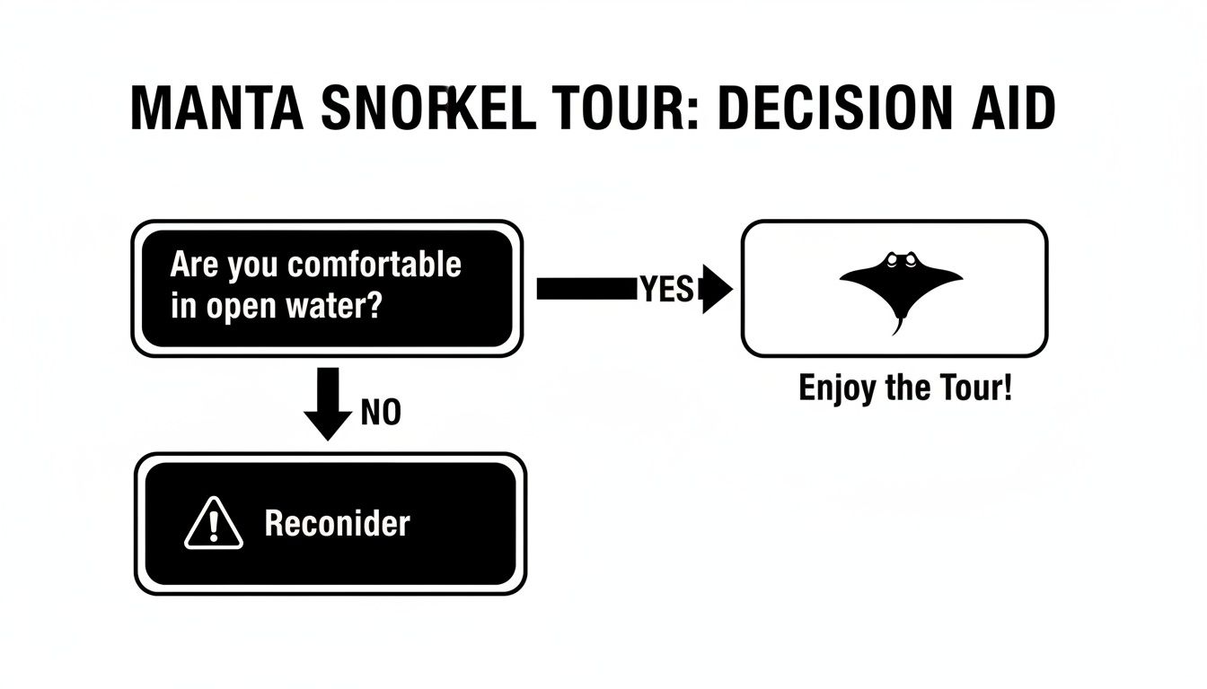 A decision aid flowchart for a Manta Snorkel Tour, assessing comfort in open water.