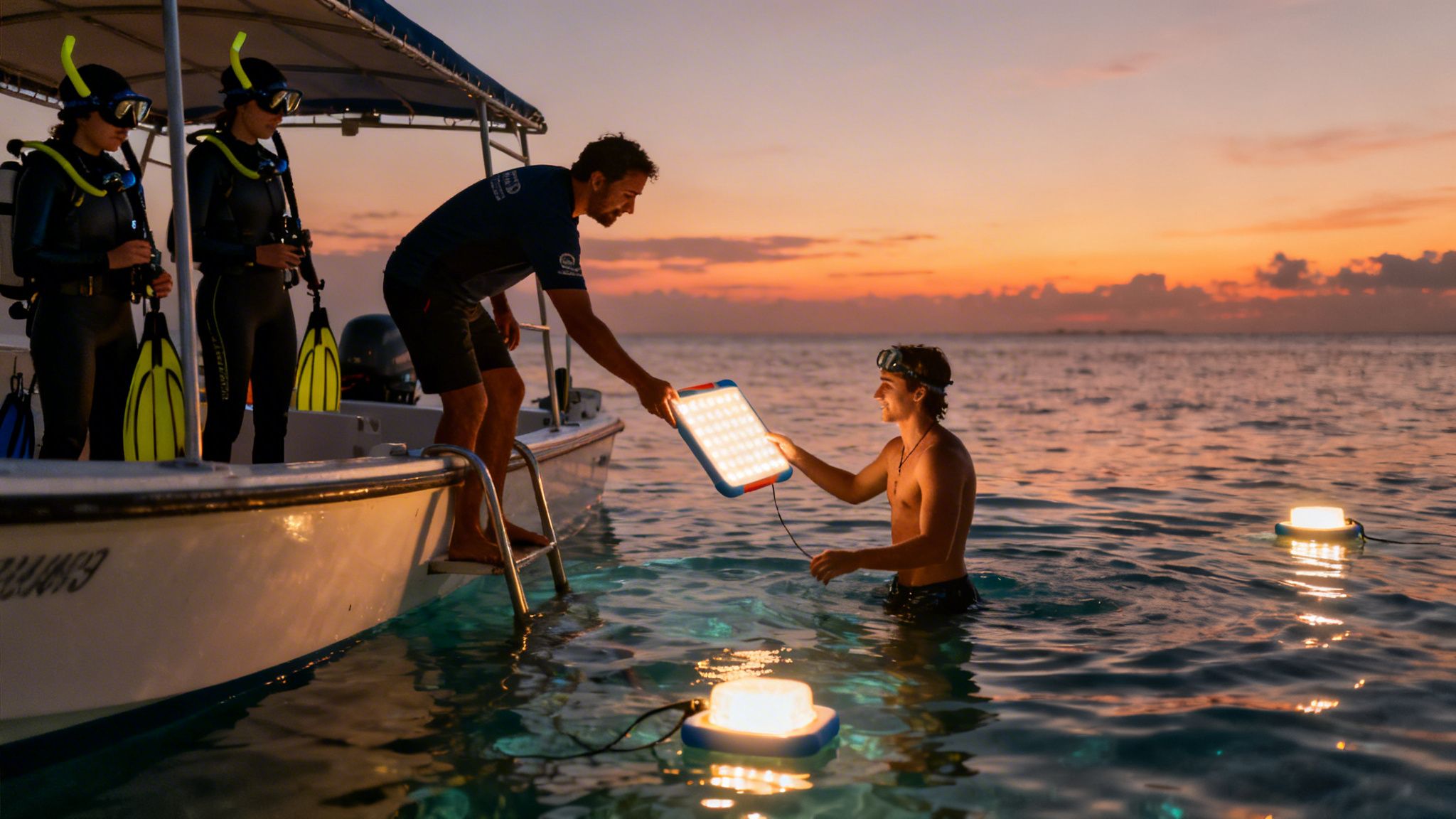 People on a boat and in water at sunset, preparing for a night dive with bright underwater lights.