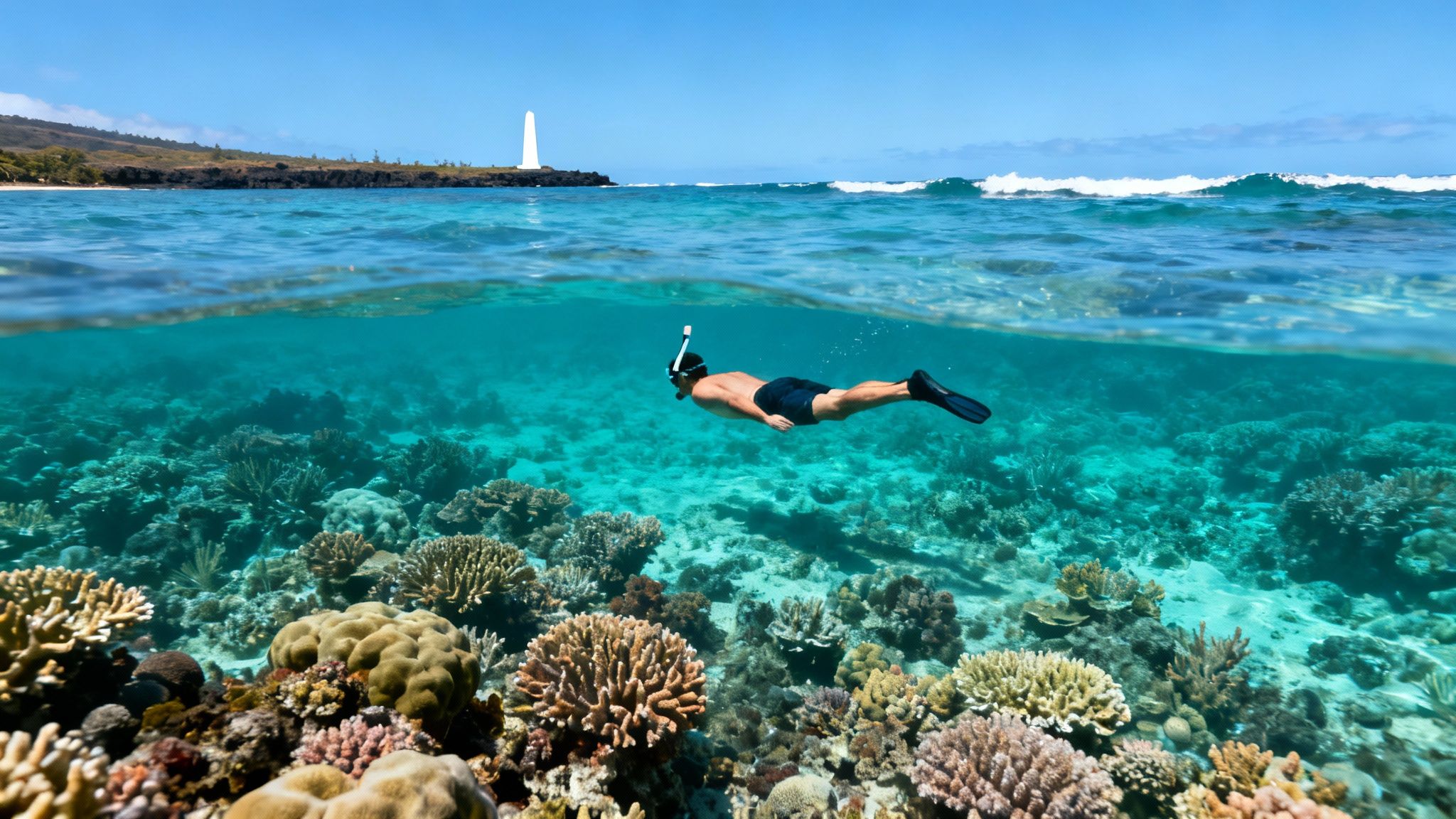 Man snorkeling above a vibrant coral reef with a lighthouse and ocean waves visible.