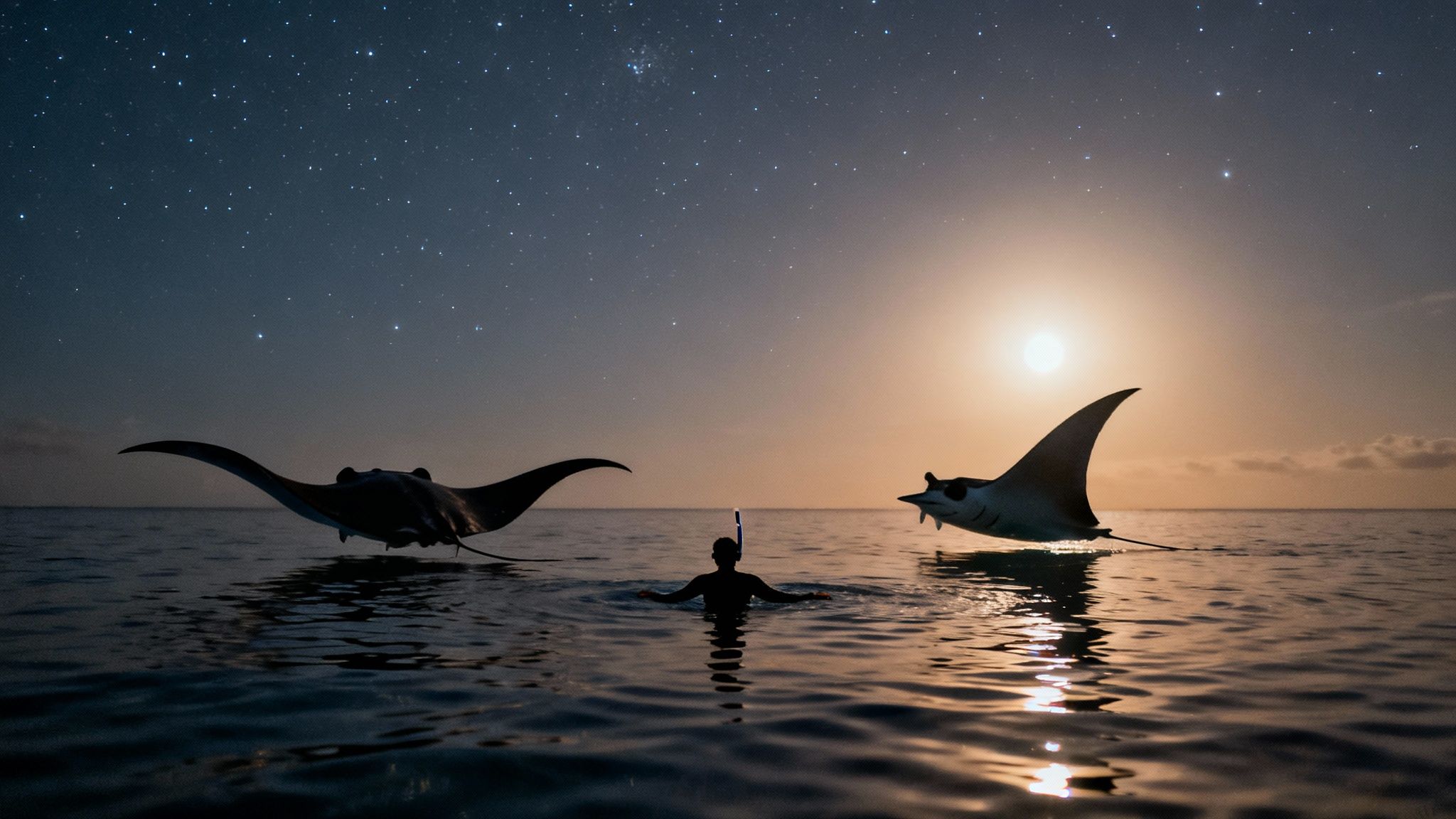 Person snorkeling between two majestic manta rays under a starry night sky with a full moon.