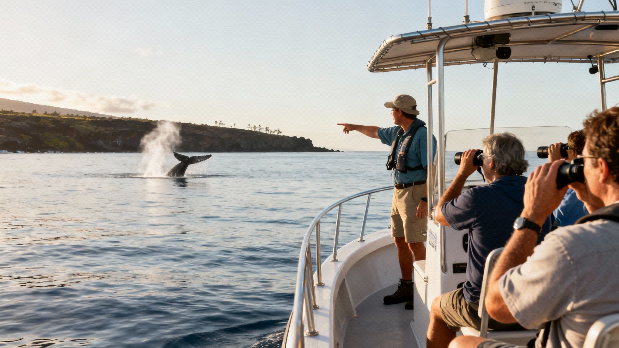 Tour guide pointing at humpback whale tail while tourists photograph from boat near Big Island coastline