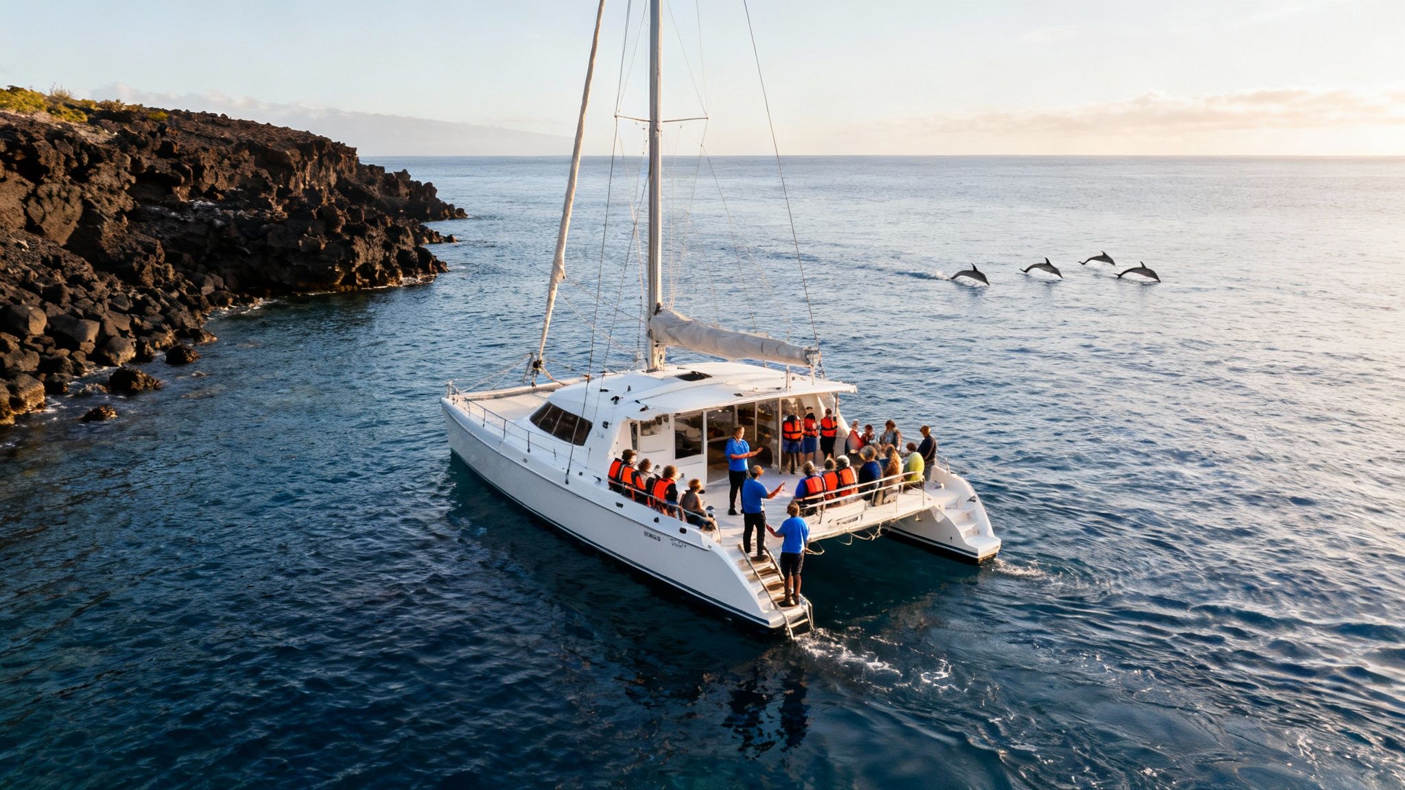 Spinner dolphins leaping out of the water alongside a snorkel tour boat on the Kona coast.