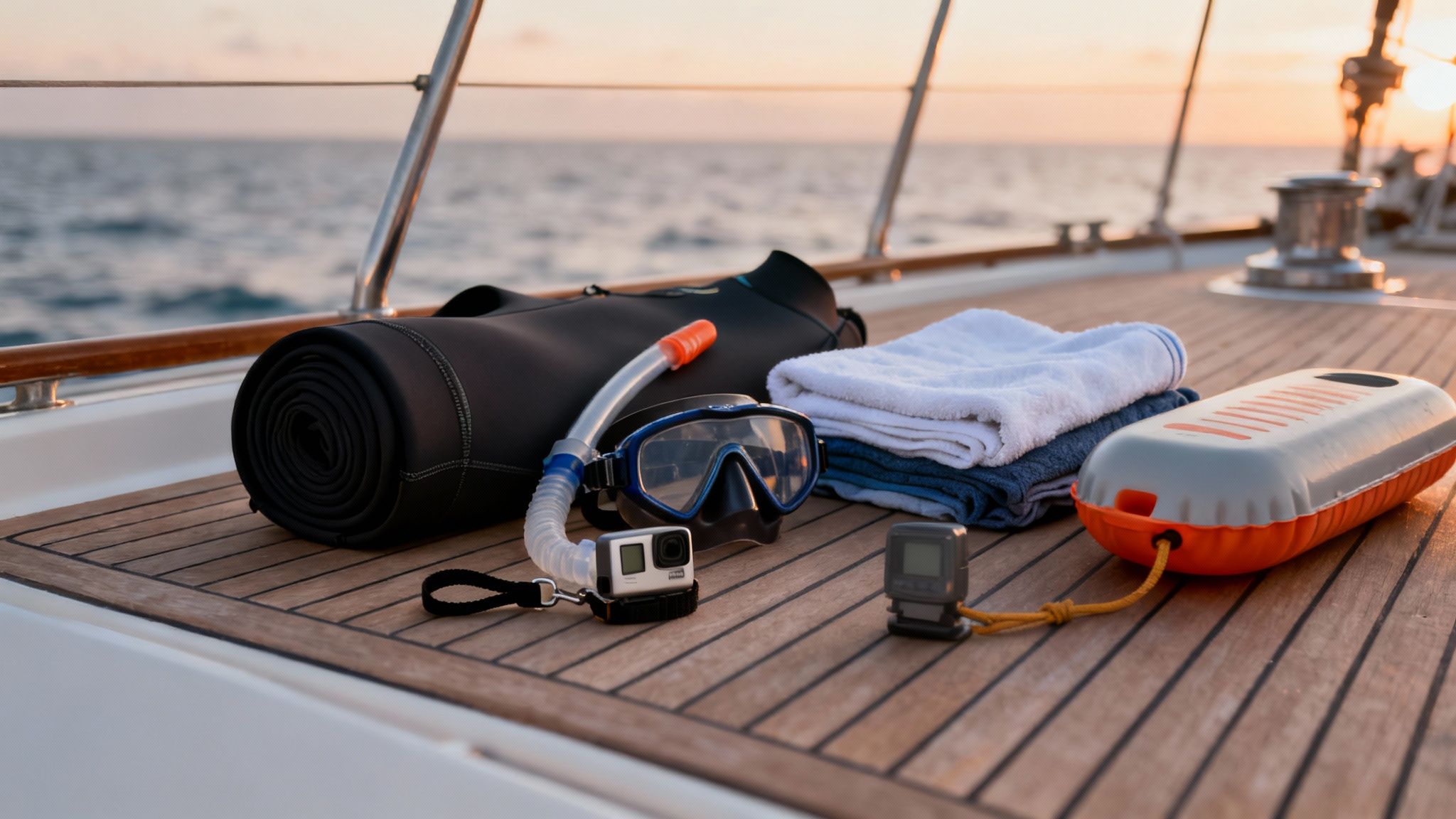 Snorkeling gear, including a mask, snorkel, wetsuit, and camera, laid out on a boat deck at sunset.