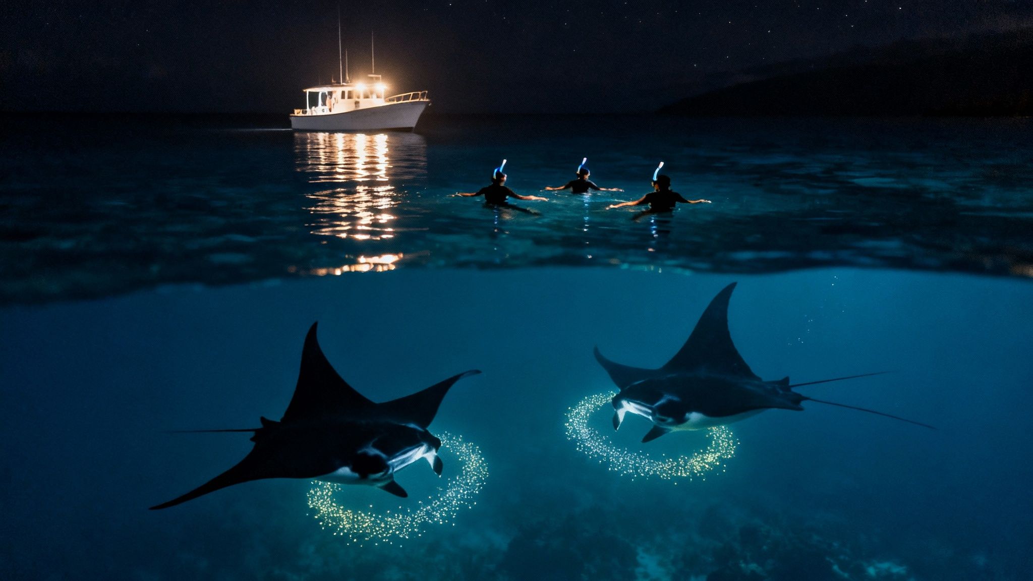 A split-level view shows a boat and snorkelers at night above water, and two manta rays with glowing plankton underwater.