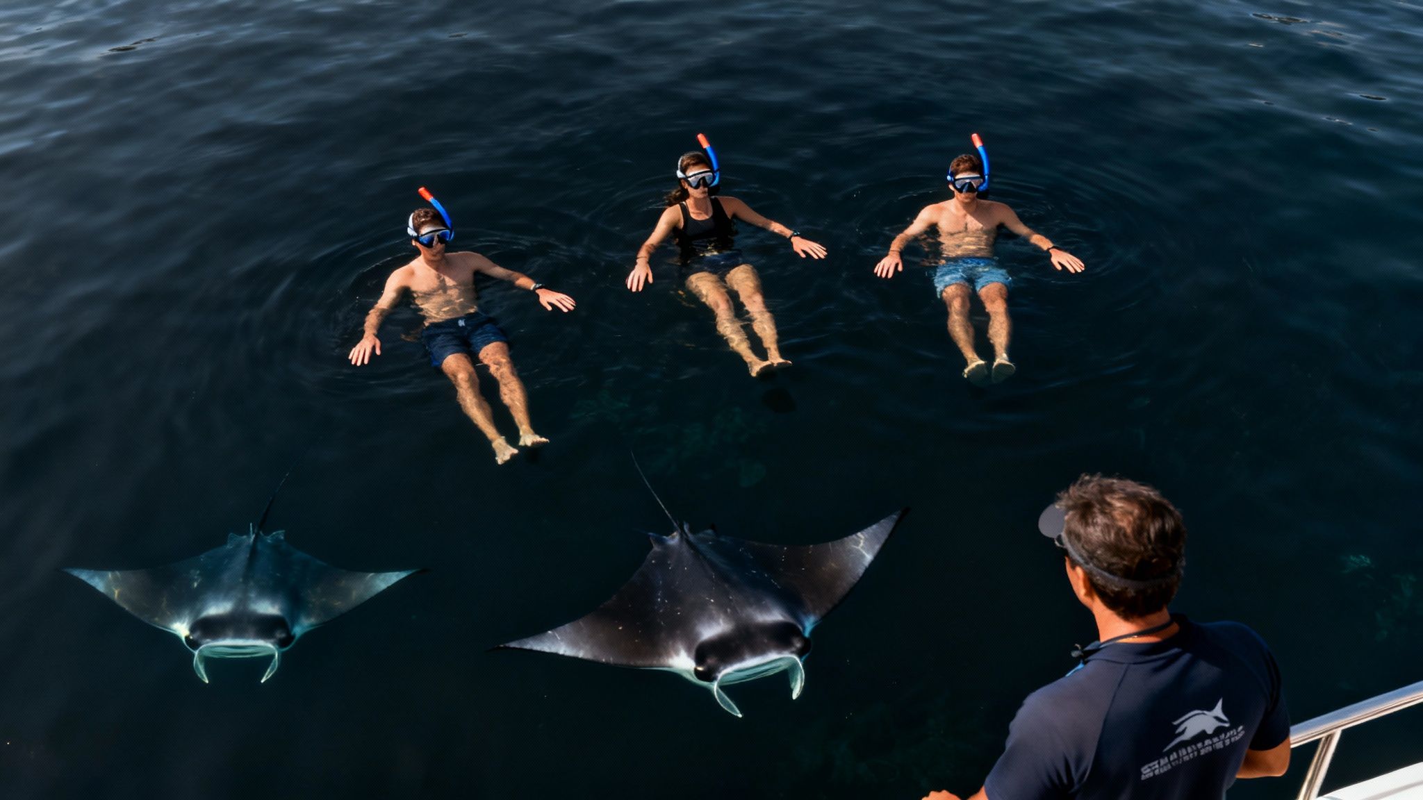 Three snorkelers swim in dark ocean water with two large manta rays below them, while a person watches from a boat.