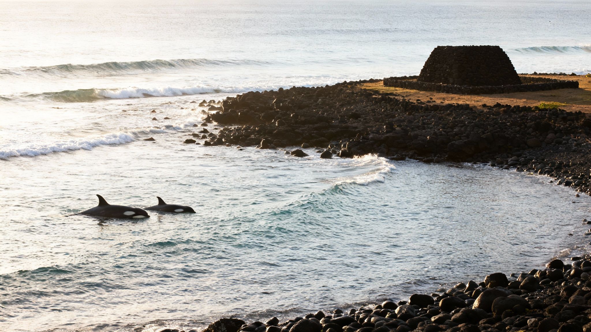 Two majestic orcas swim gracefully in the ocean near a dark rocky coastline with a unique stone structure.
