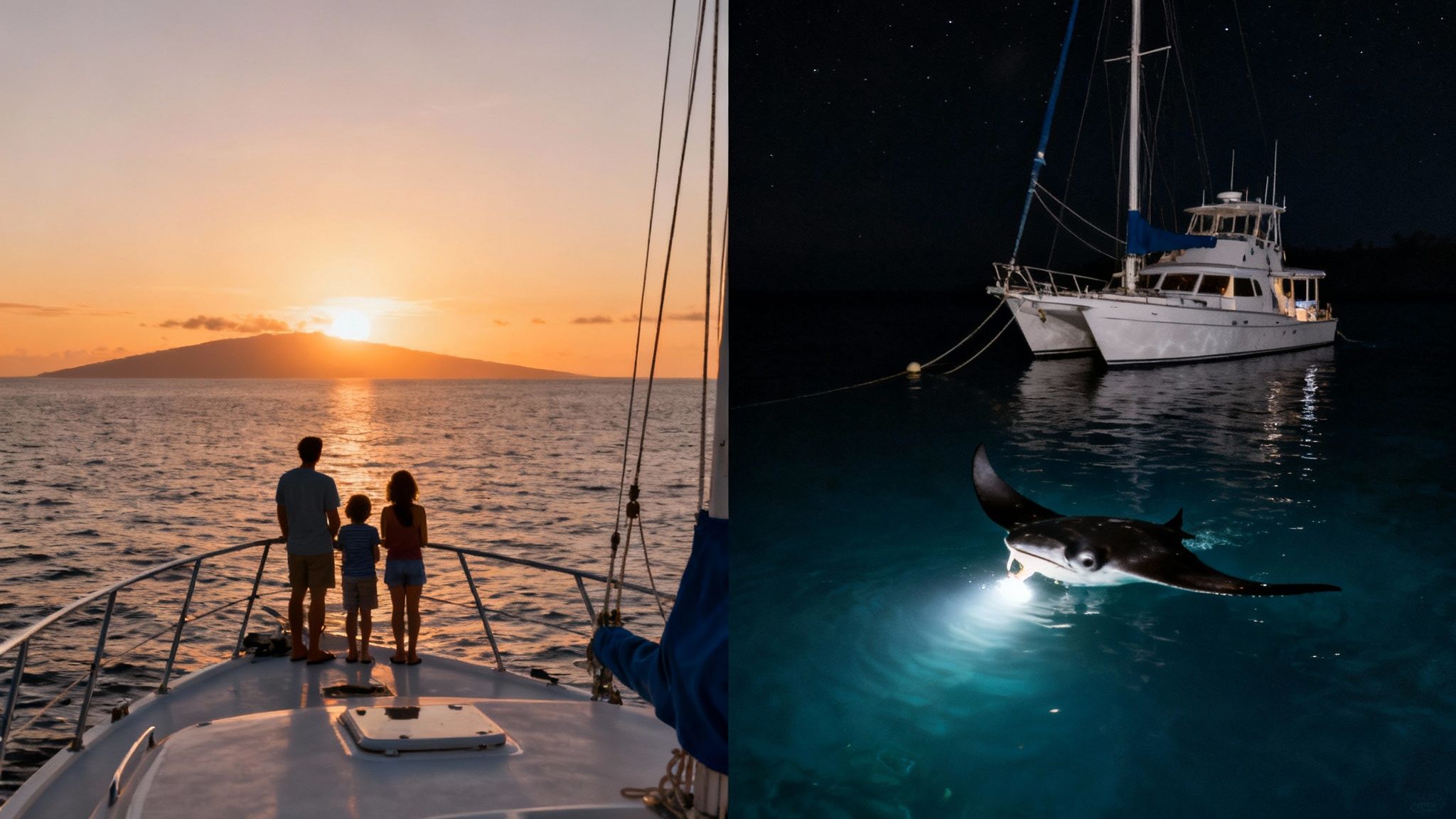 A split image showing a family on a boat at sunset and a manta ray swimming at night.