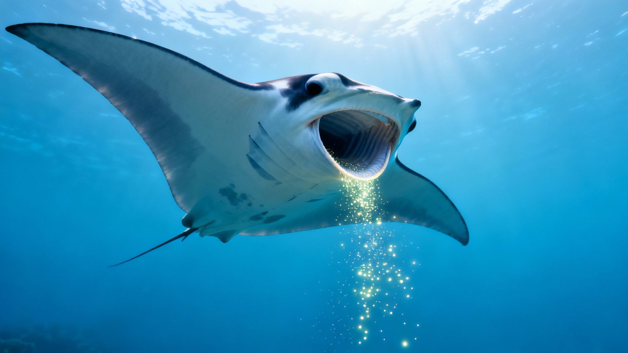 A majestic manta ray swimming underwater with its mouth open, glowing particles escaping, and sun rays piercing the blue water.