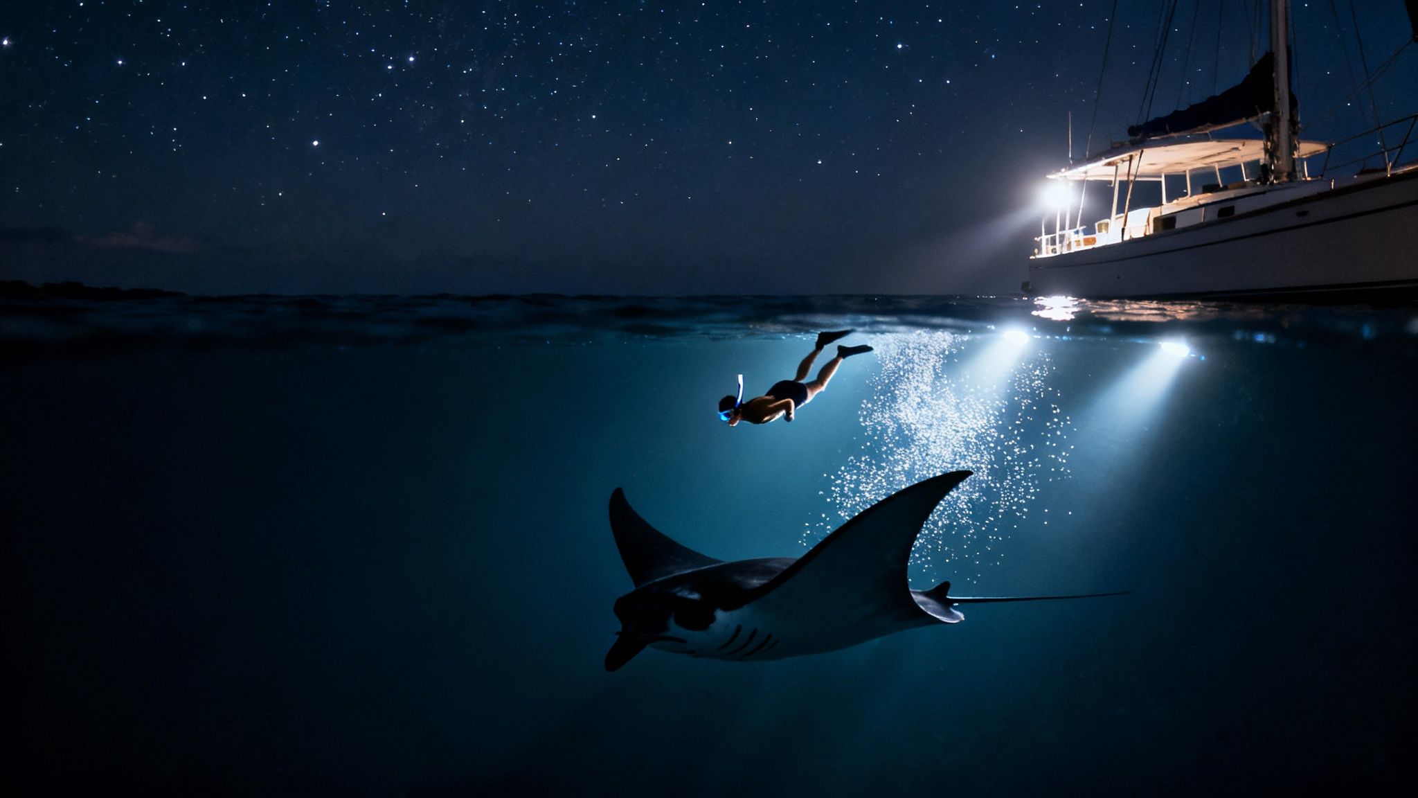 A person snorkeling with a manta ray under a starry night sky, illuminated by a sailboat.