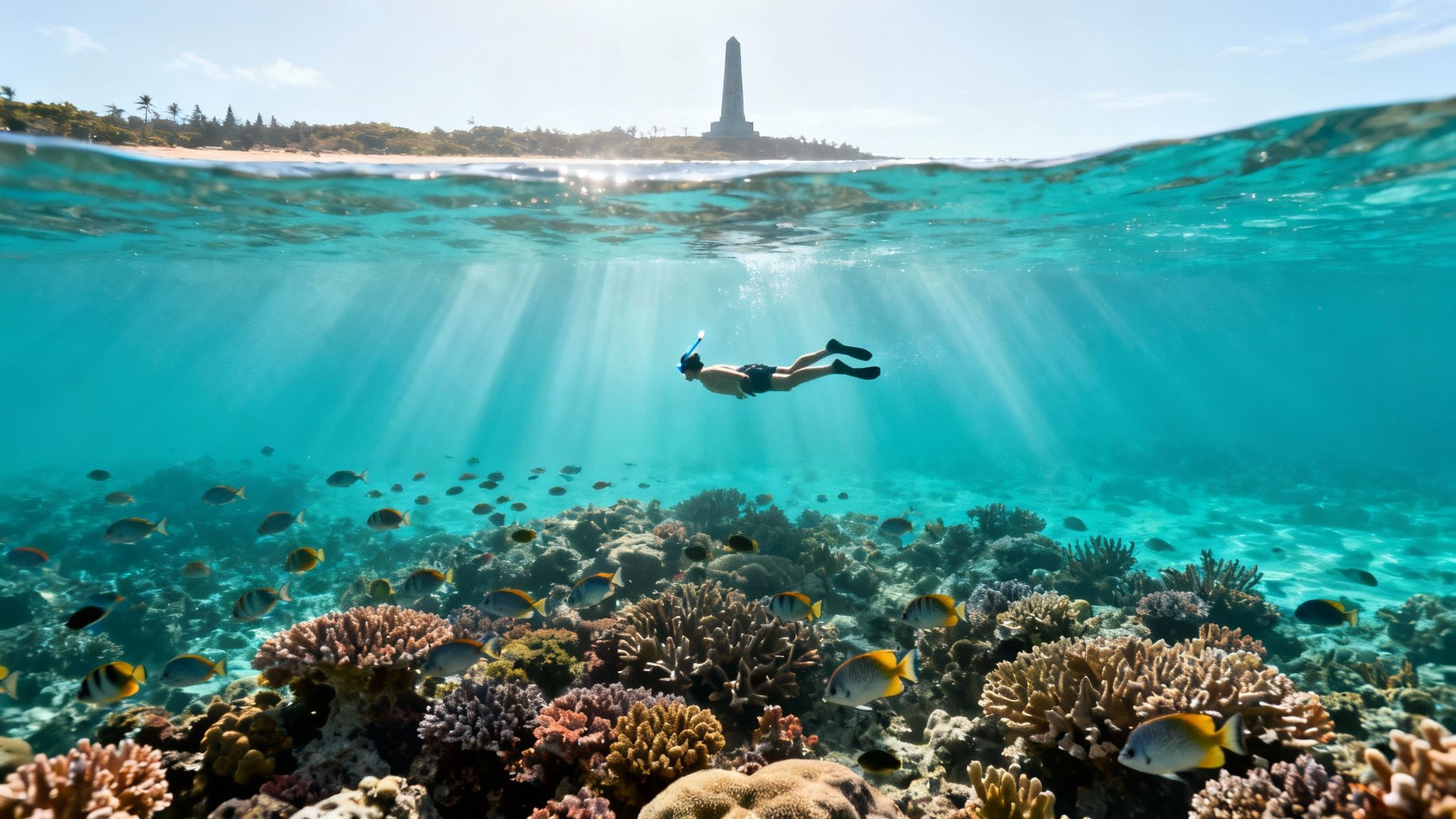 A snorkeler exploring the vibrant coral reefs teeming with colorful fish in Kealakekua Bay.