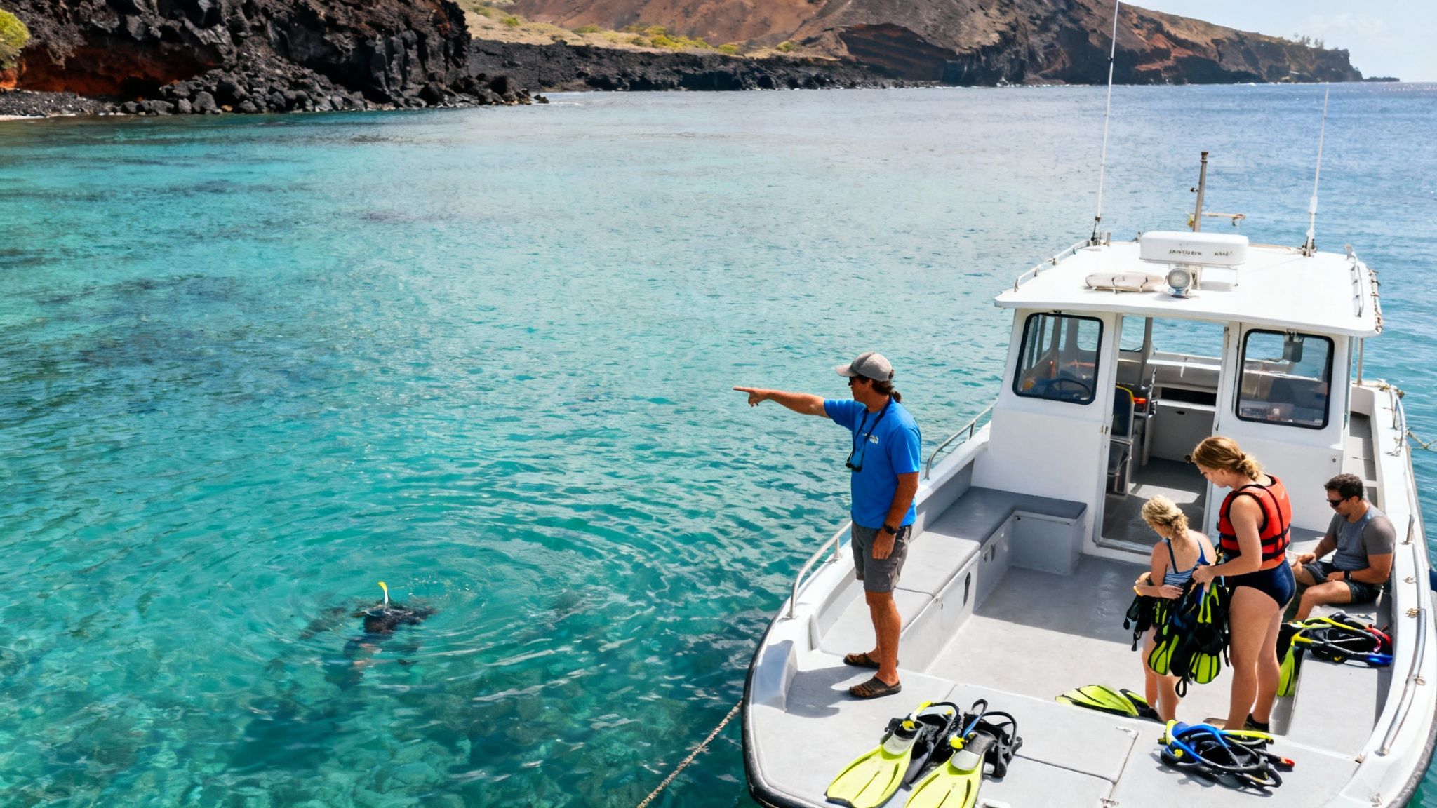 People on a boat with a guide pointing to a snorkeler in clear blue ocean water near a rocky coast.