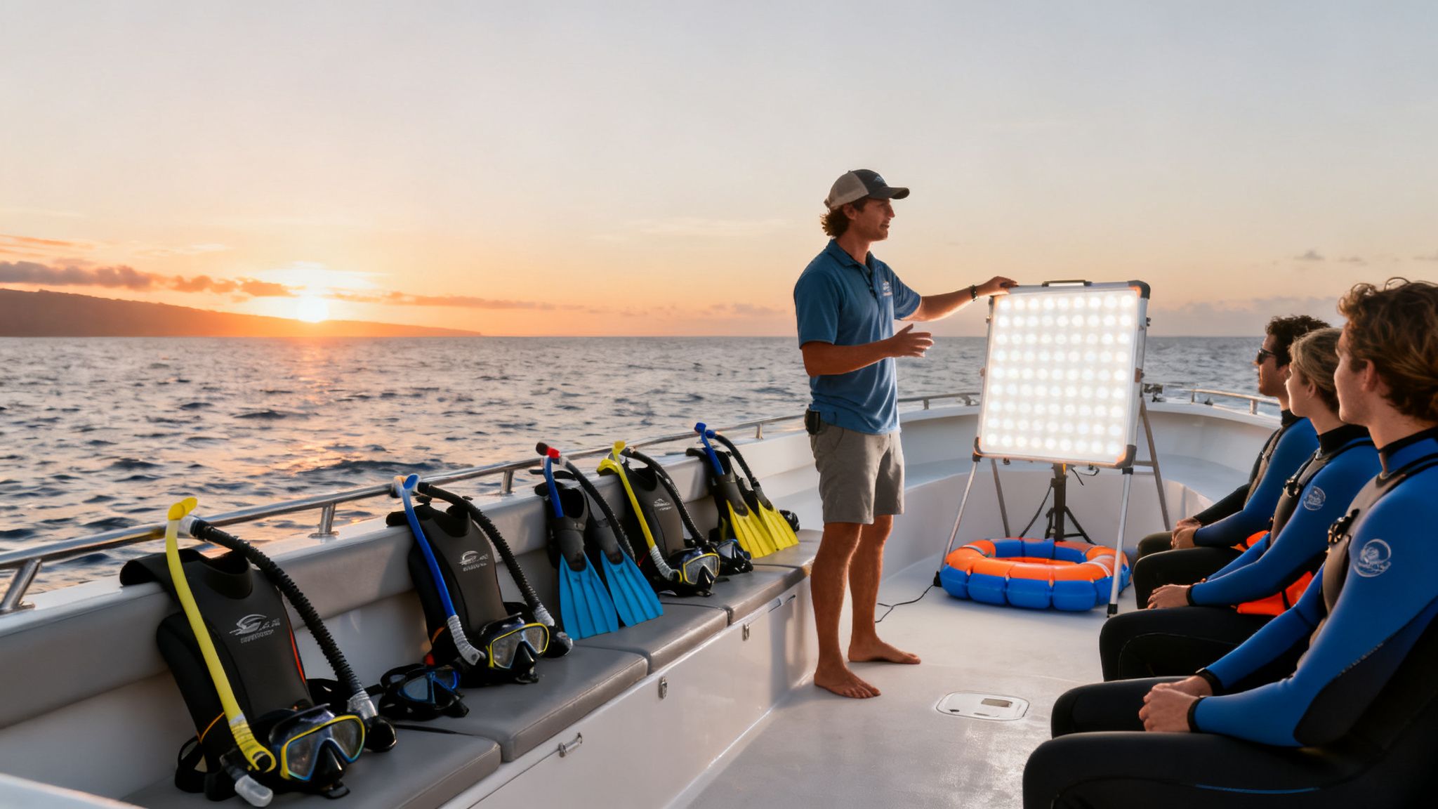 An instructor teaches scuba diving on a boat at sunset to students with gear lined up.