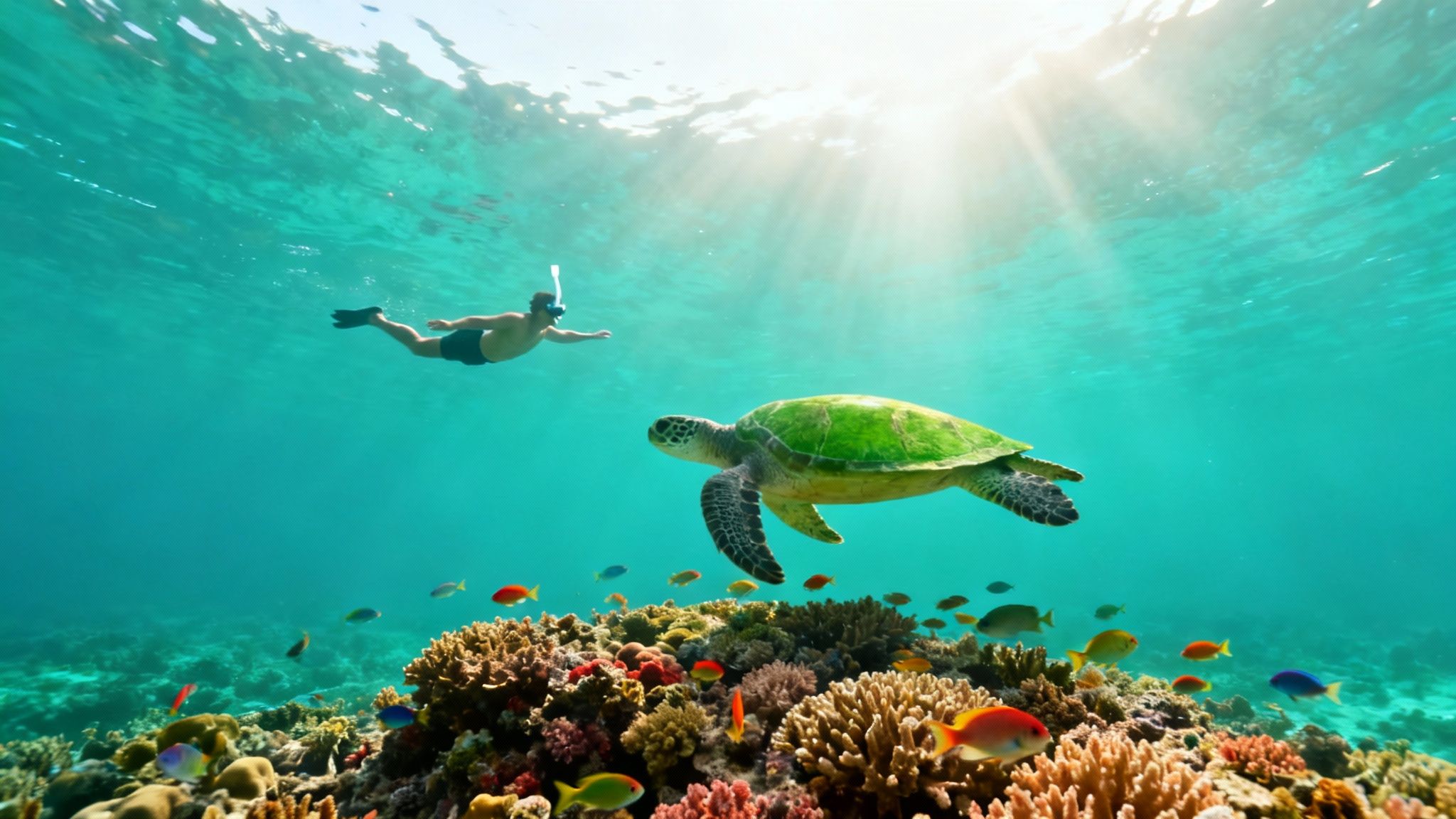 A person snorkeling underwater near a vibrant coral reef, observing a majestic green sea turtle and colorful fish.