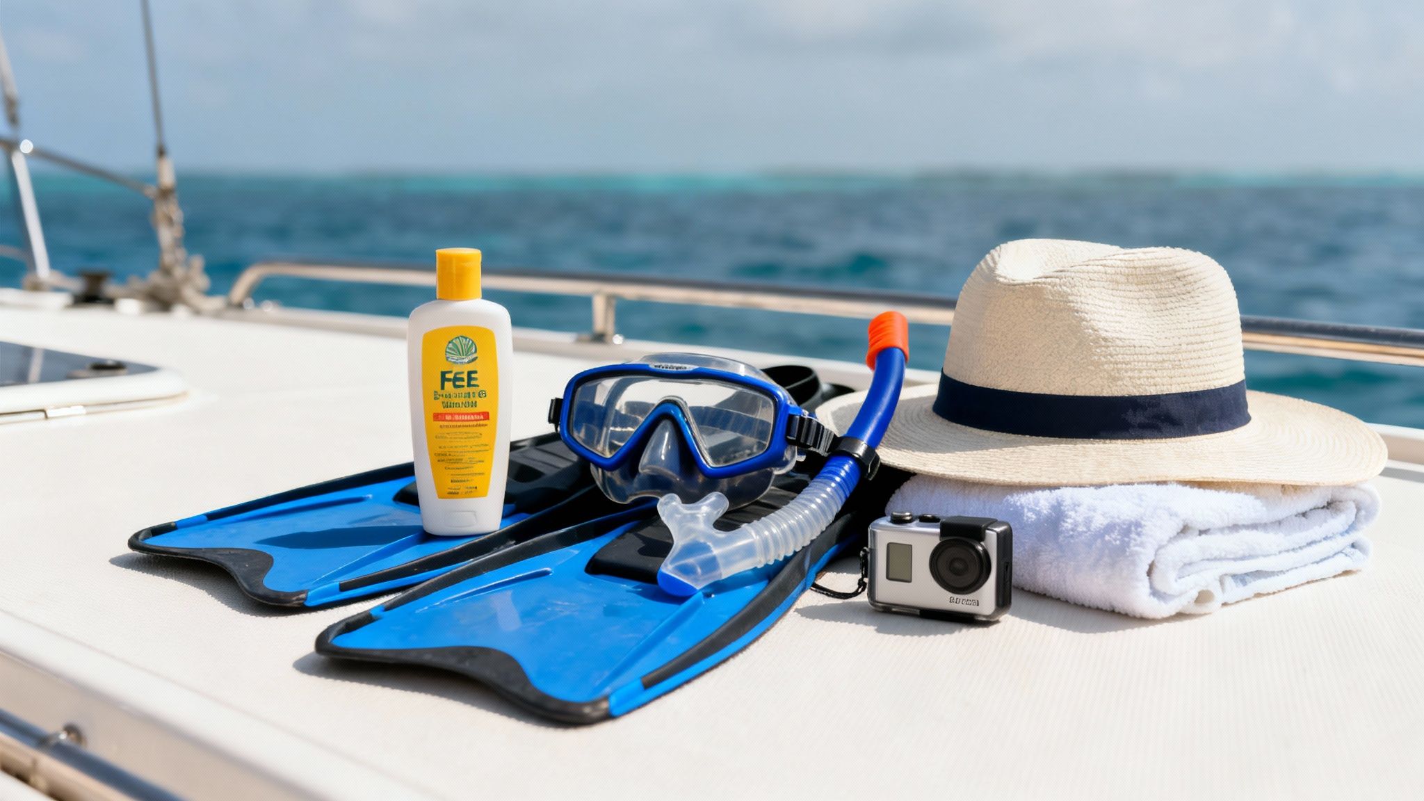 Snorkel gear, sunscreen, a hat, and camera on a boat with ocean view.