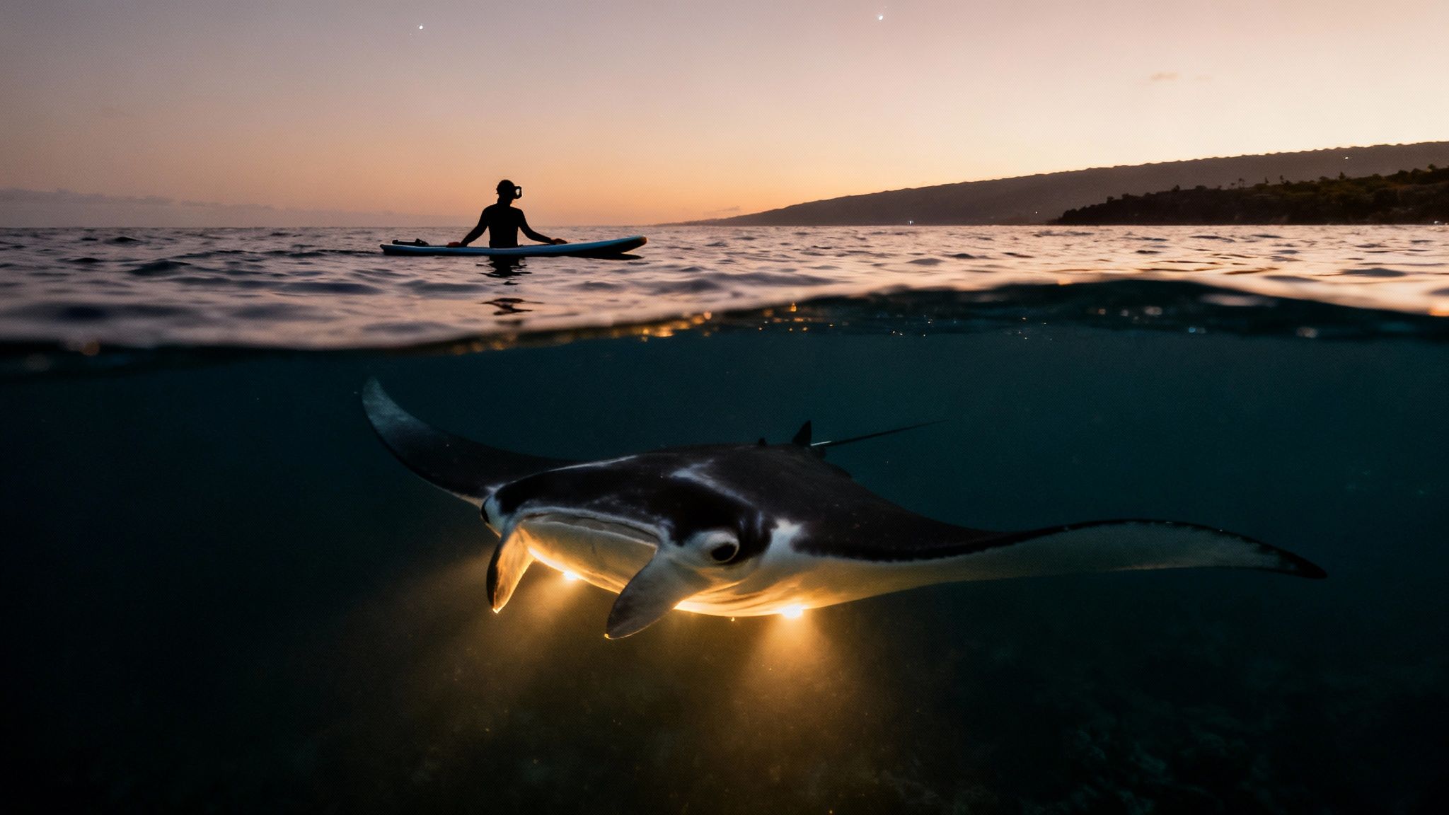 Split shot showing a manta ray illuminated underwater and a person on a board at dusk.