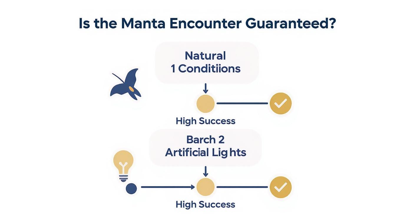 Infographic showing manta ray encounter success rates under natural conditions and artificial lights in Kona