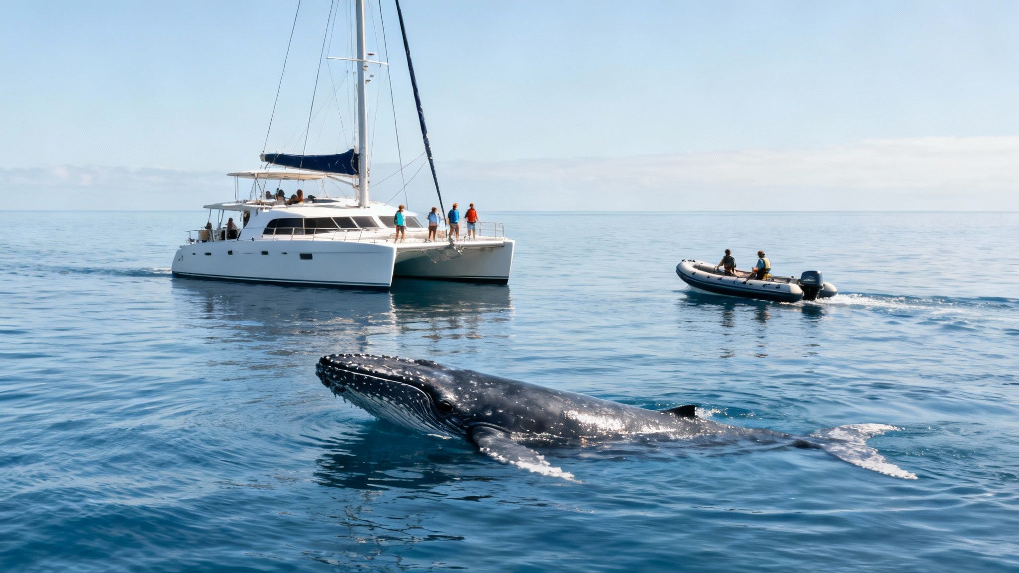A group of tourists on a boat watching a humpback whale during the Big Island whale season.