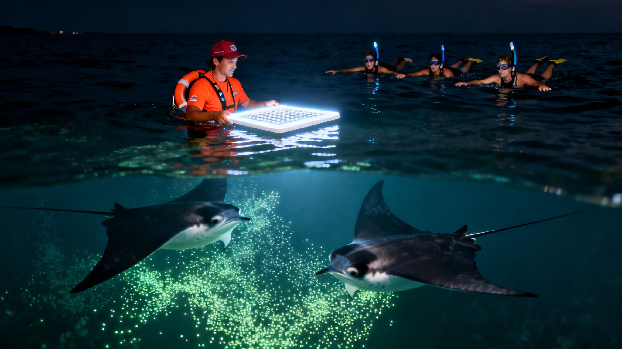 People snorkeling at night with a guide illuminating manta rays surrounded by glowing plankton.