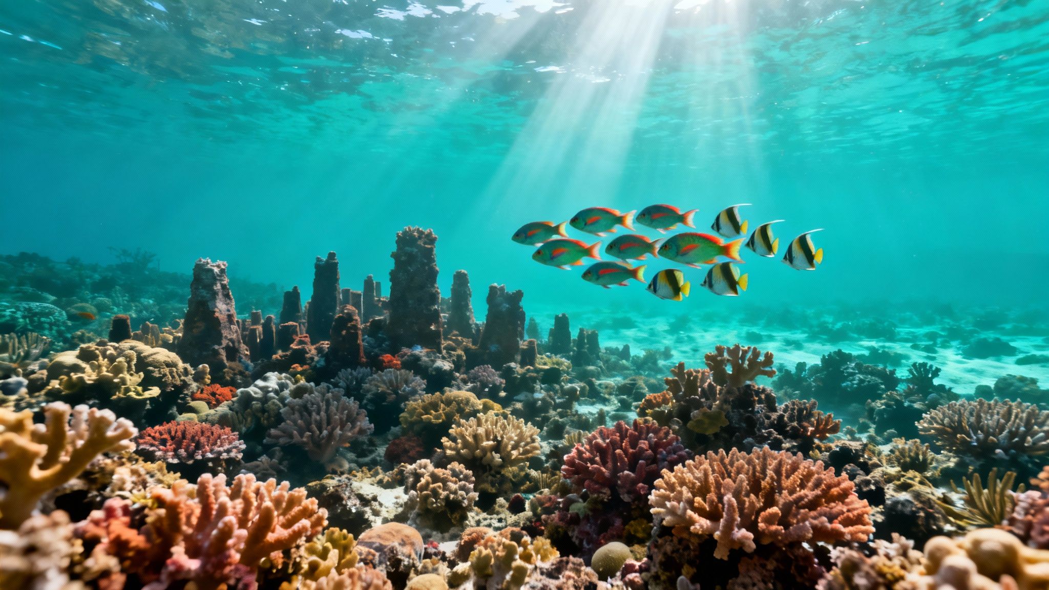 Colorful tropical fish swimming above vibrant coral reef in clear turquoise ocean water