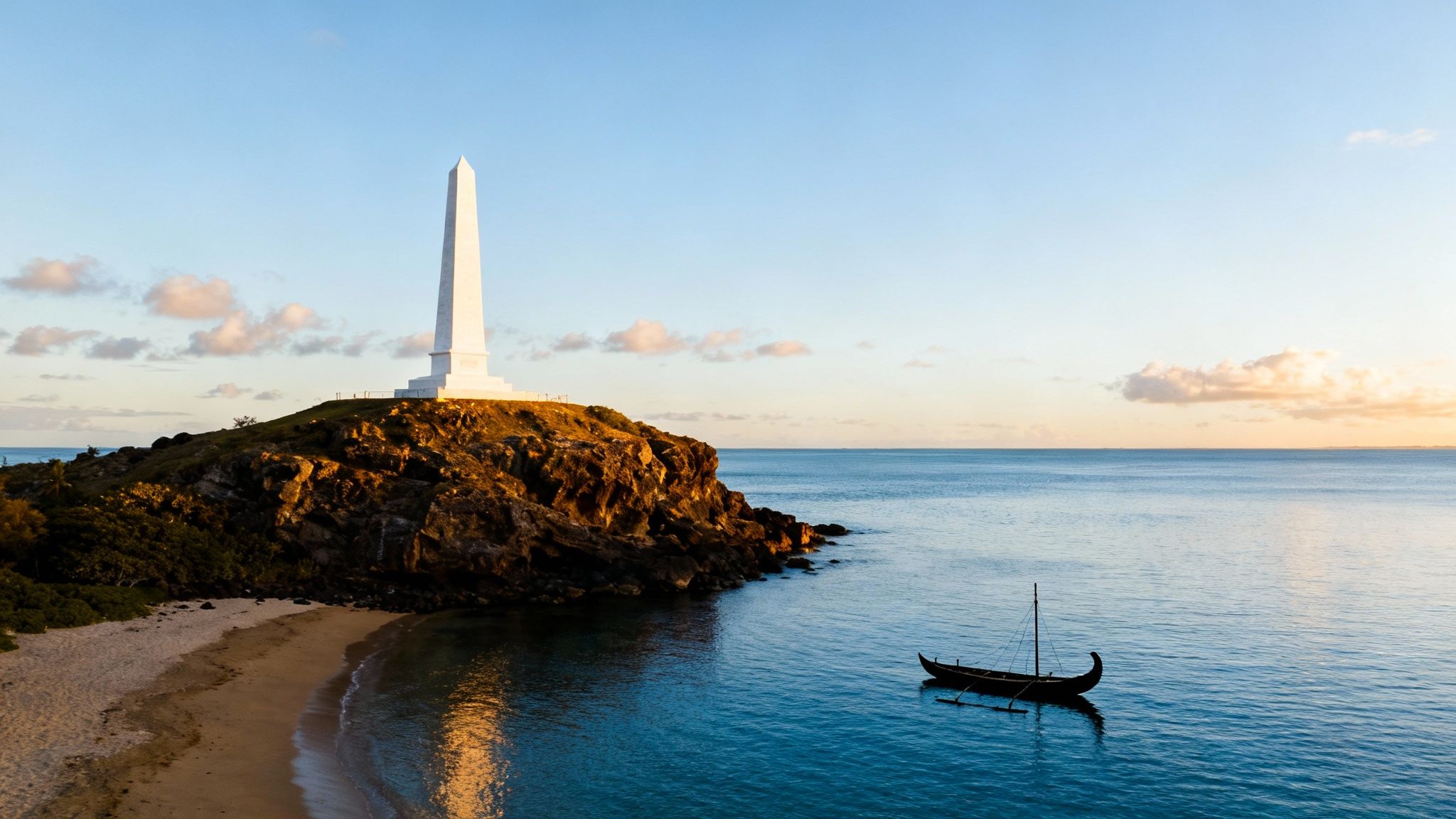 A white obelisk stands tall on a sunlit cliff overlooking a traditional boat on the tranquil ocean.